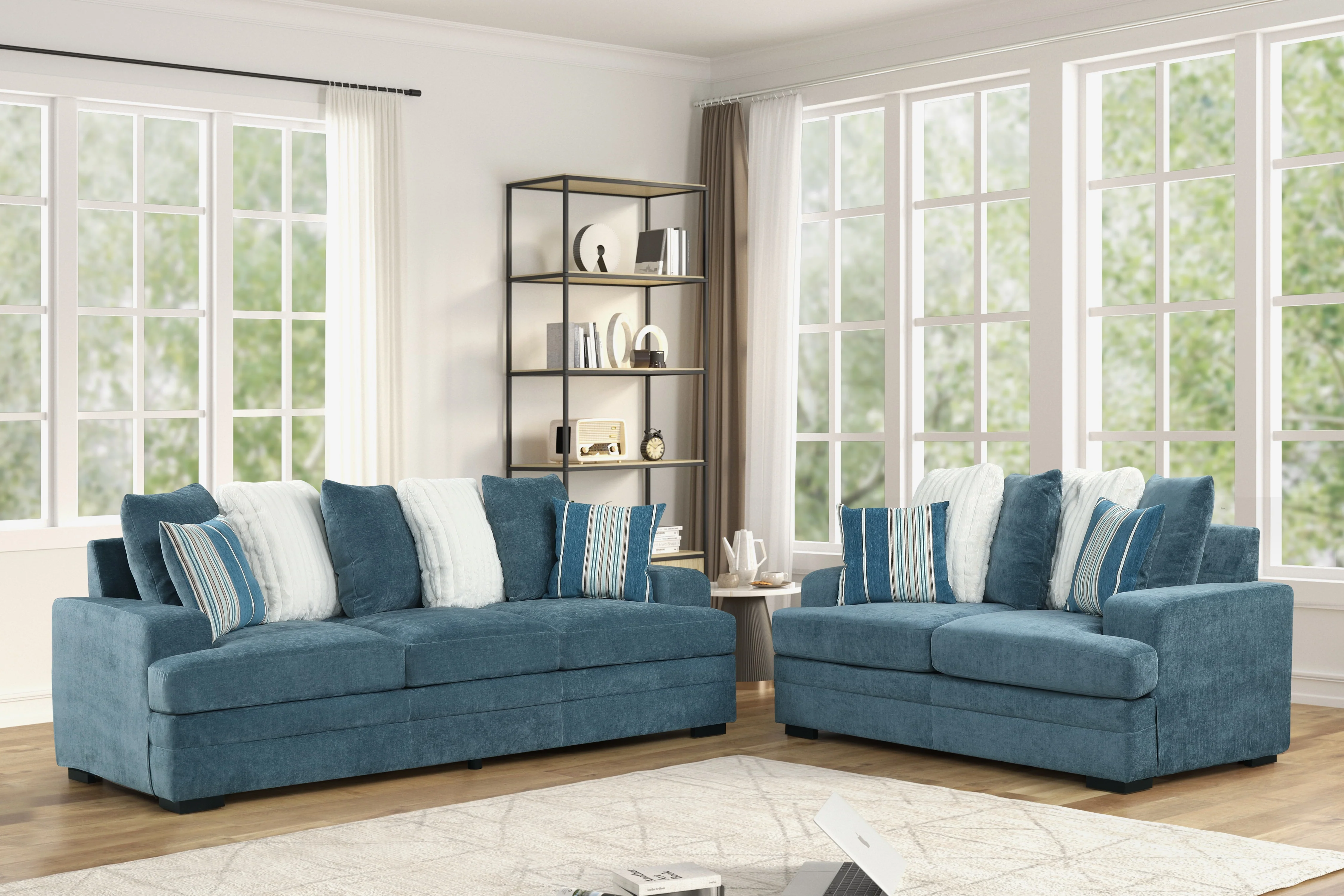 2-Piece Blue Fabric Sofa & Loveseat Set with Accent Pillows