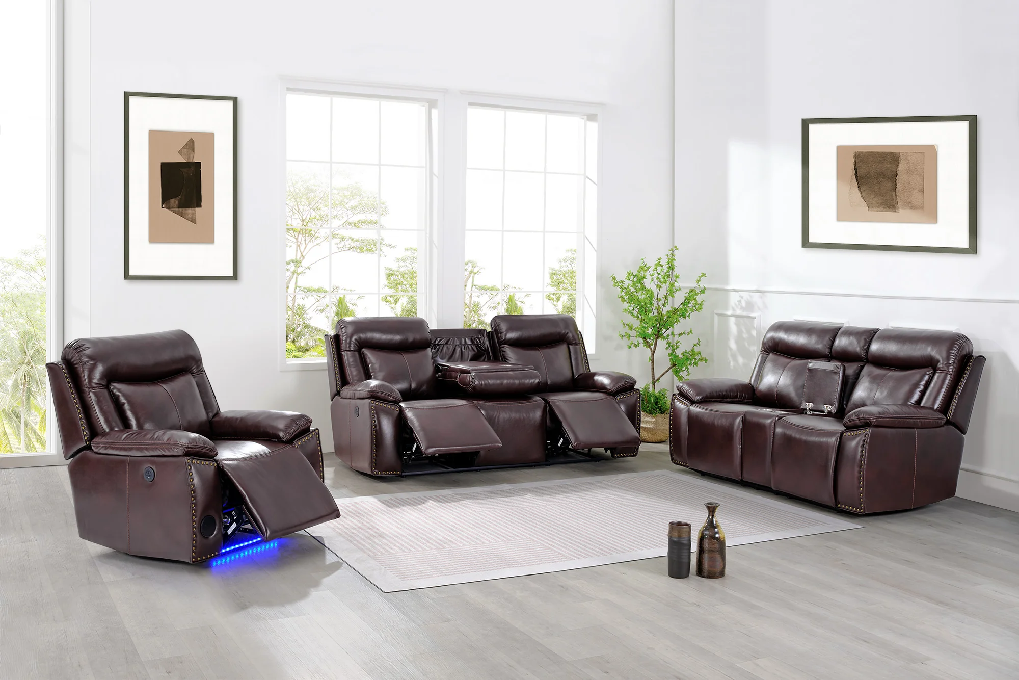 3-Piece Brown Power Reclining Living Room Set with Console Loveseat, USB & Bluetooth Speaker
