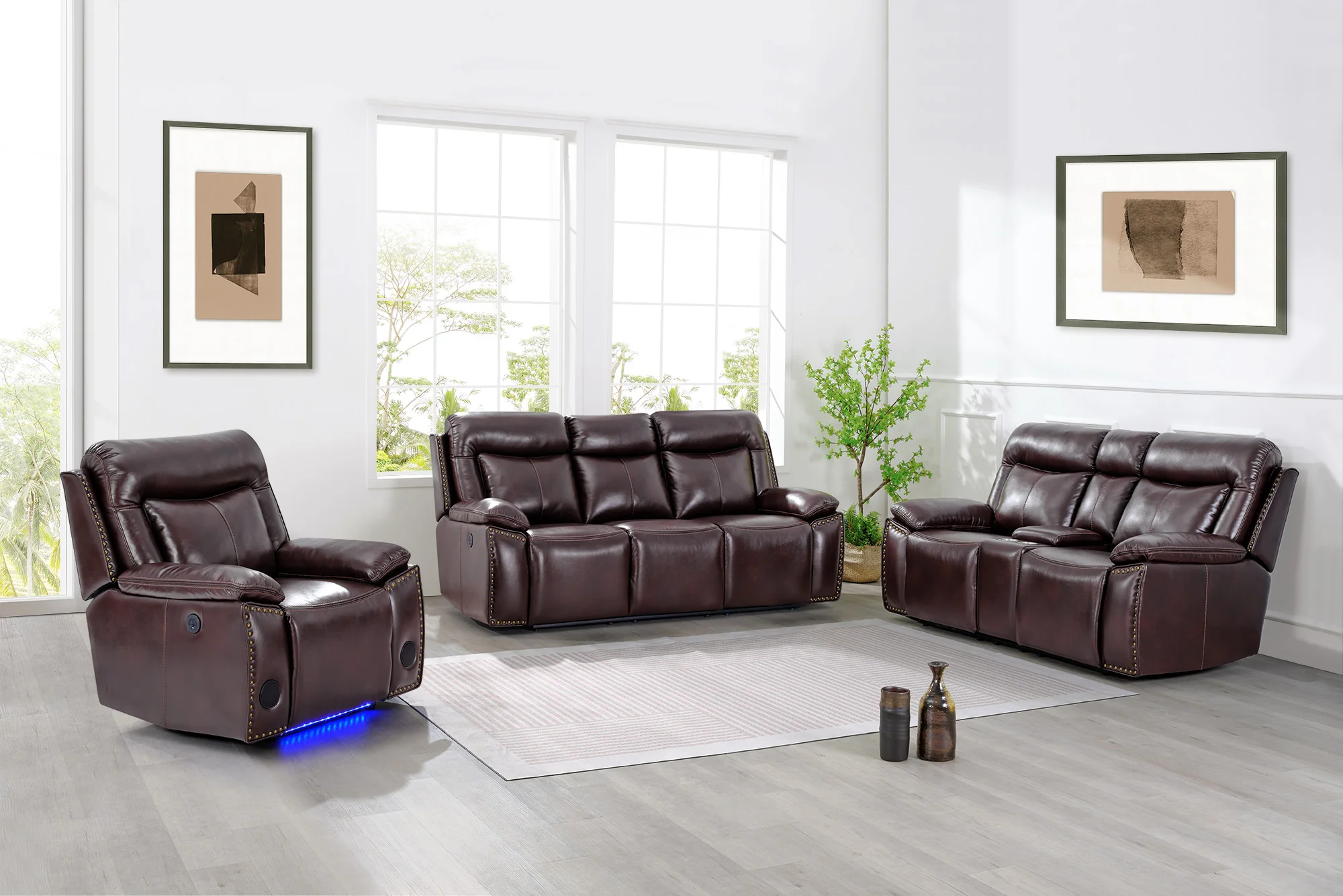 3-Piece Brown Power Reclining Living Room Set with Console Loveseat, USB & Bluetooth Speaker - Image 2