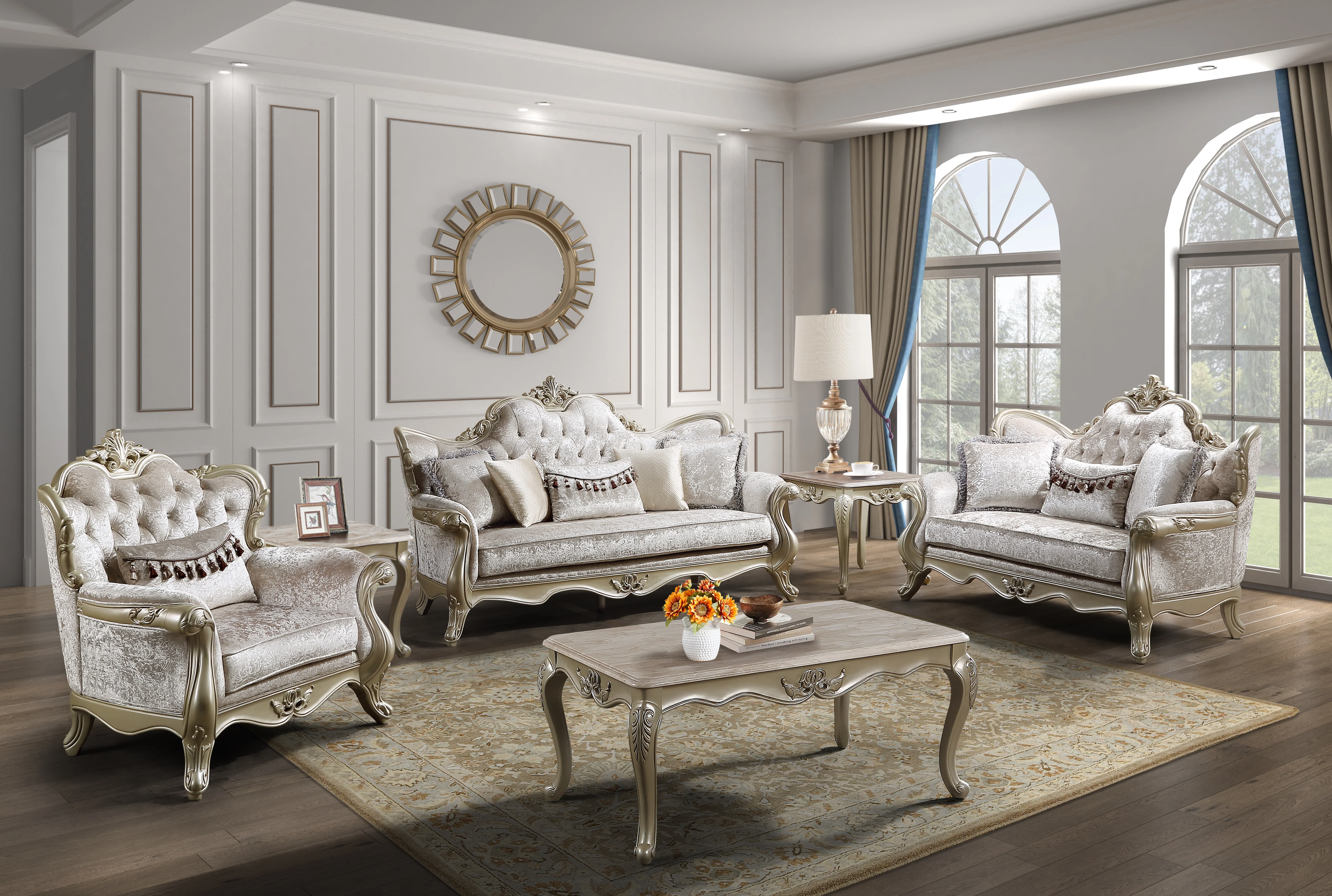 Traditional Glam Champagne 3 Piece Coffee Table Set with Real Marble Tabletops