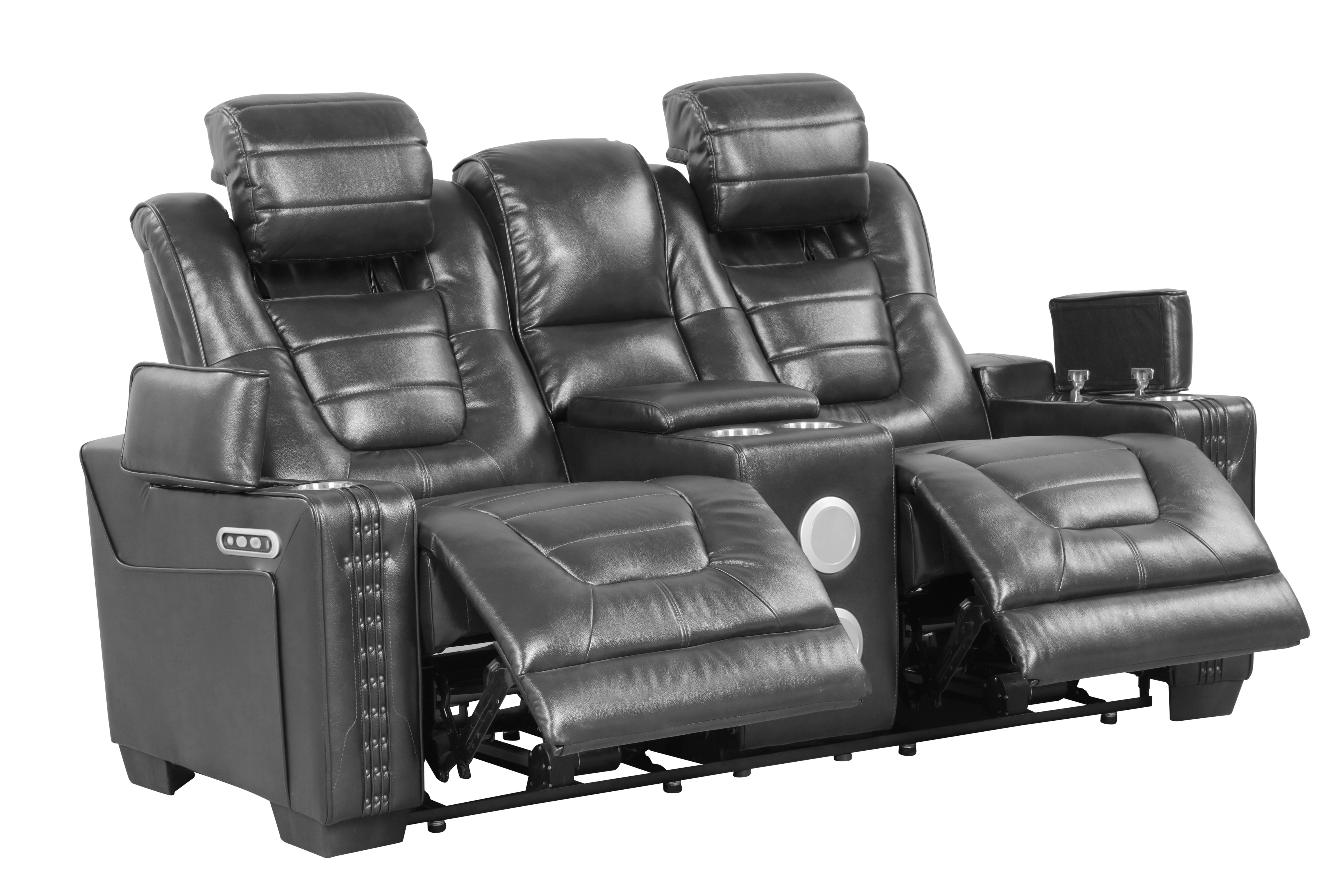 3-Piece Gray Power Reclining Living Room Set w/ Power Headrests, Armrest storage, Dropdown table, cup holder, USB charging, & Speakers. - Image 3