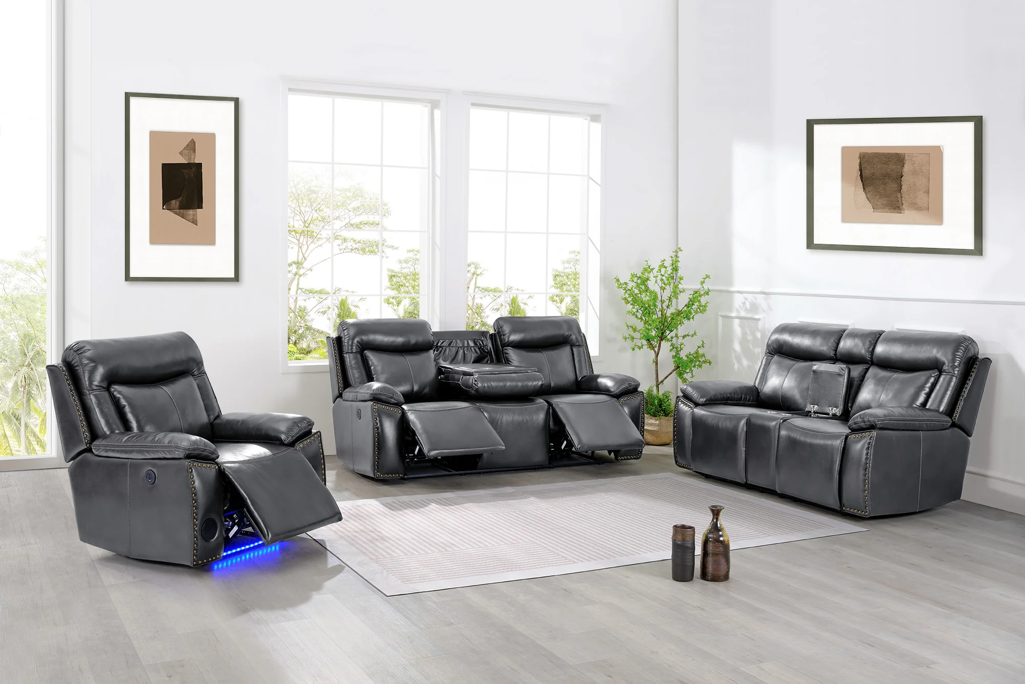 3-Piece Power Reclining Living Room Set with Stationary Loveseat & LED Accent Lighting (Charcoal) - Image 2