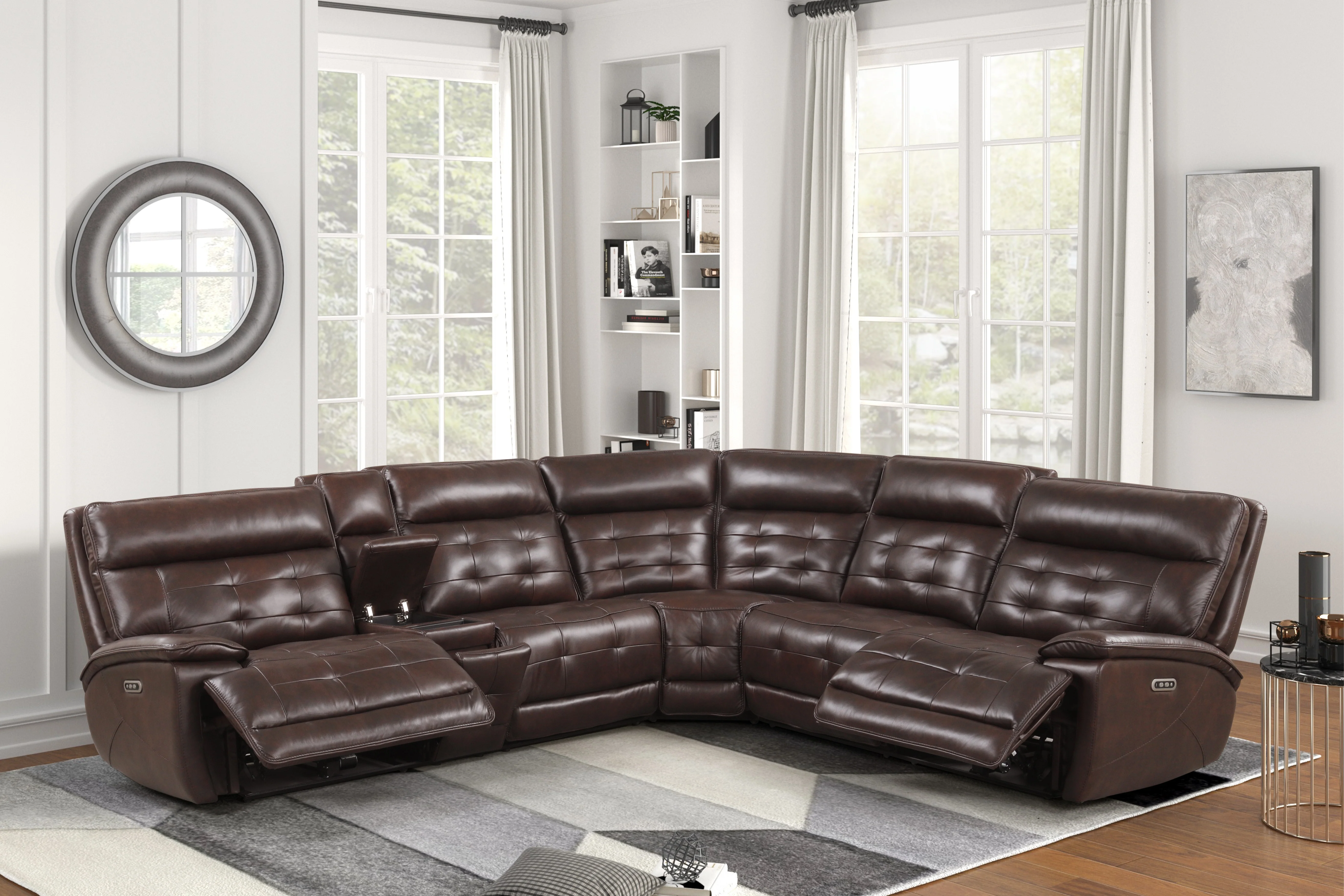 Brown 3 Piece Power Reclining Sectional with Top Grain Leather Seating - Image 2