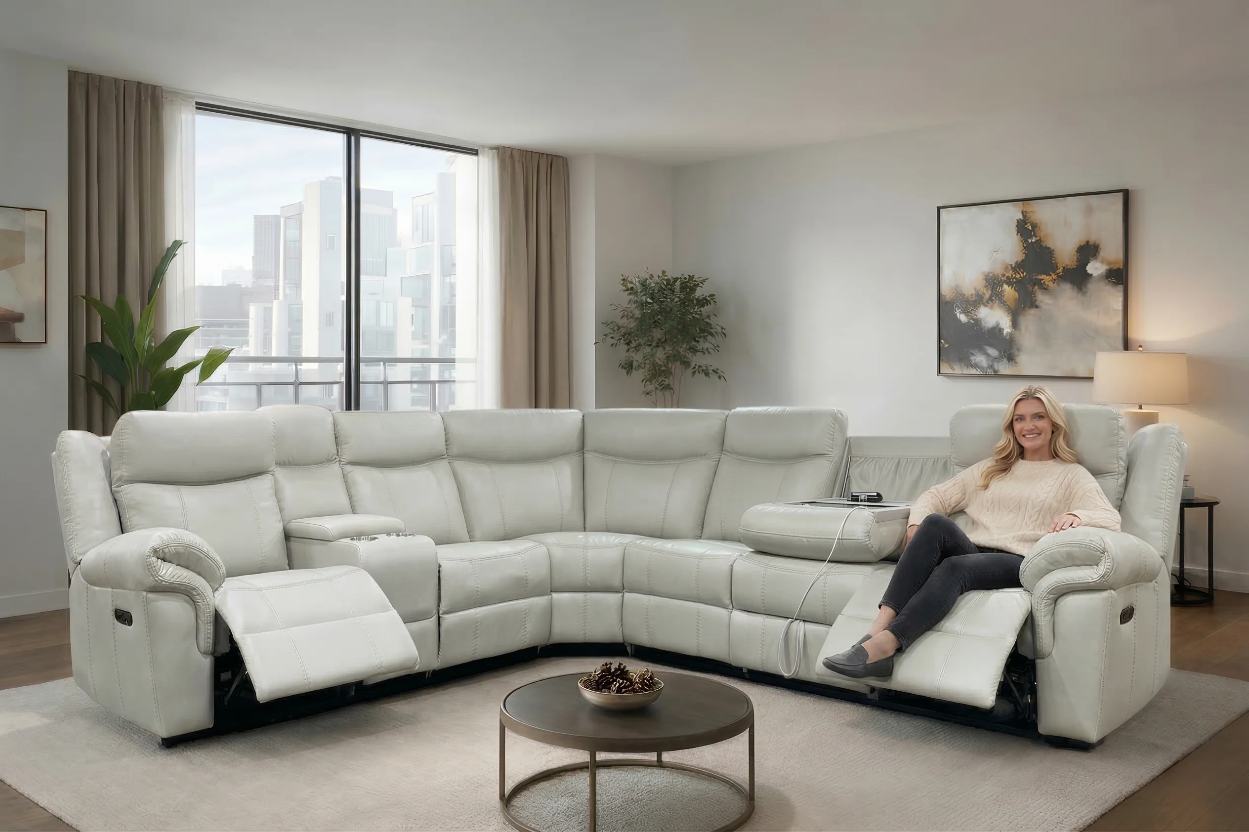 3 Piece Power Reclining Sectional with Power Headrests, Wireless Charging & Pull-Out Storage Drawer - Bone Air Leather - Image 2