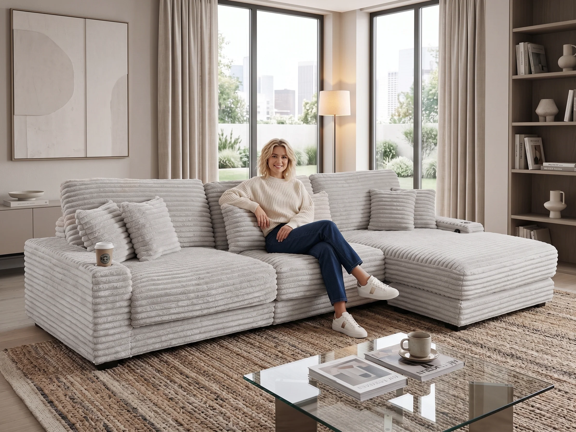 Beige Corduroy Sectional Sofa with Chaise Lounge & Pillows - Image 2