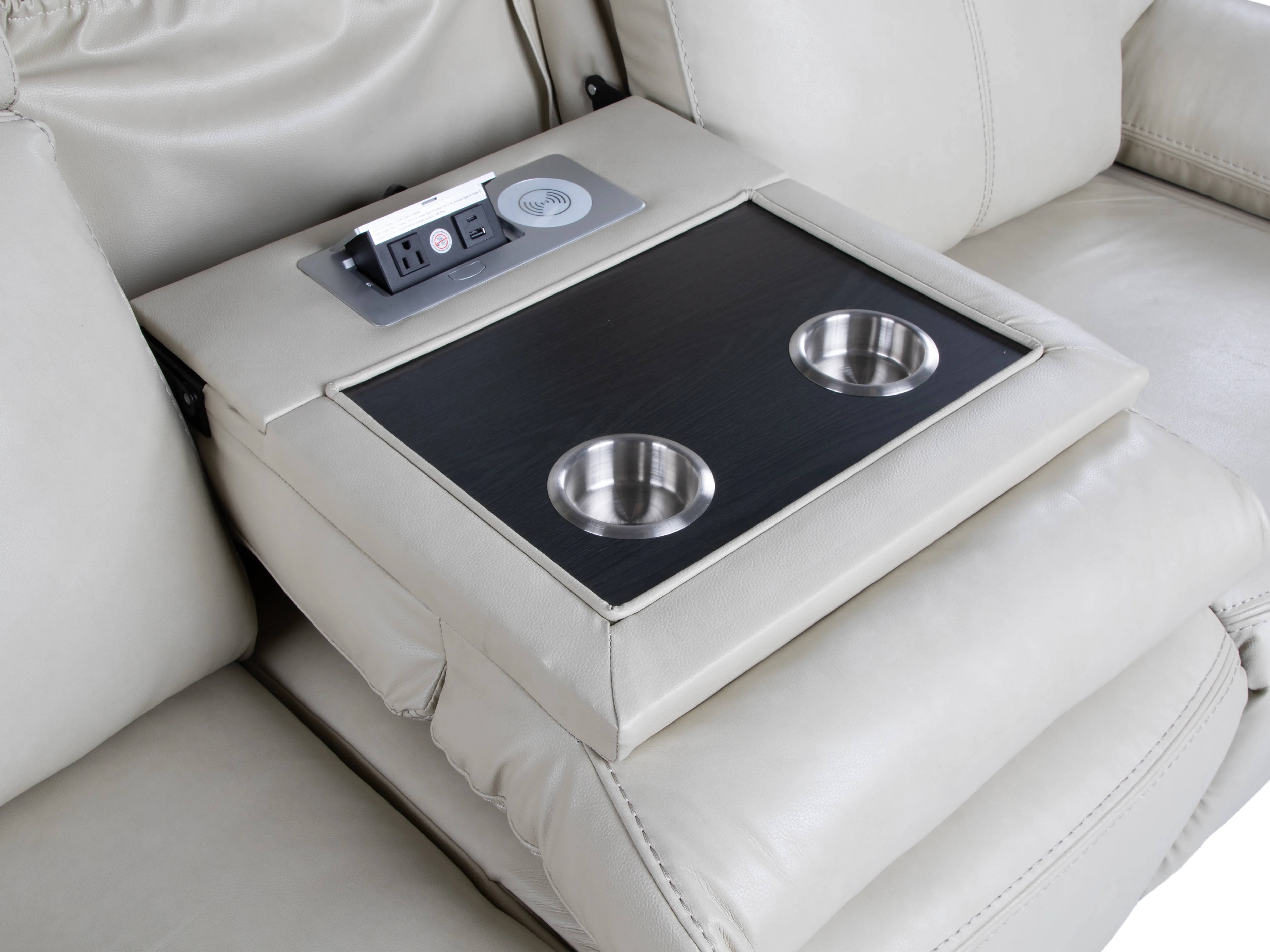 3-Piece Top Grain Leather Power Reclining Living Room Set with Console, Drop-Down Table, Cup Holders & USB (Cream) - Image 12