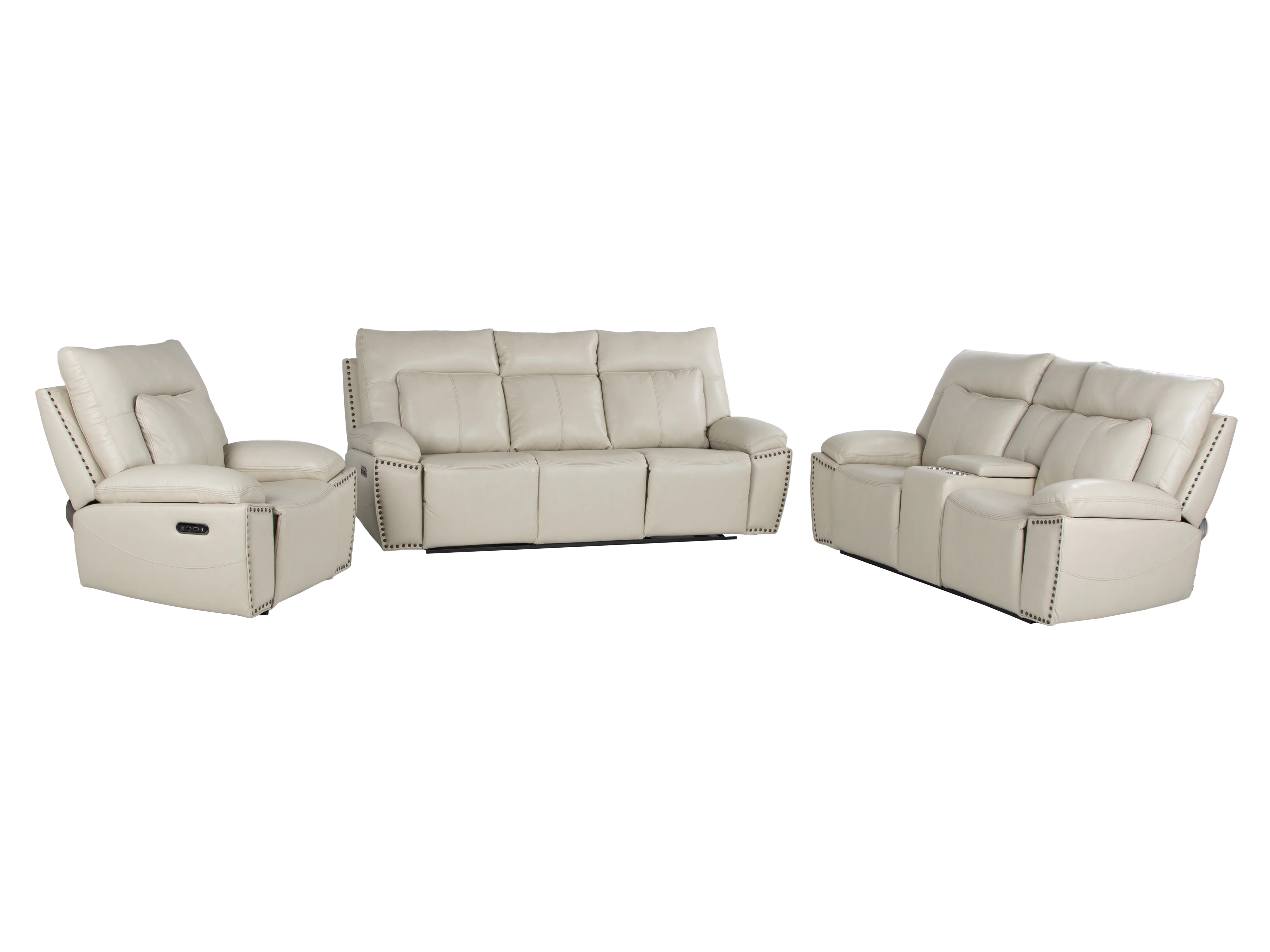 3-Piece Top Grain Leather Power Reclining Living Room Set with Console, Drop-Down Table, Cup Holders & USB (Cream) - Image 2
