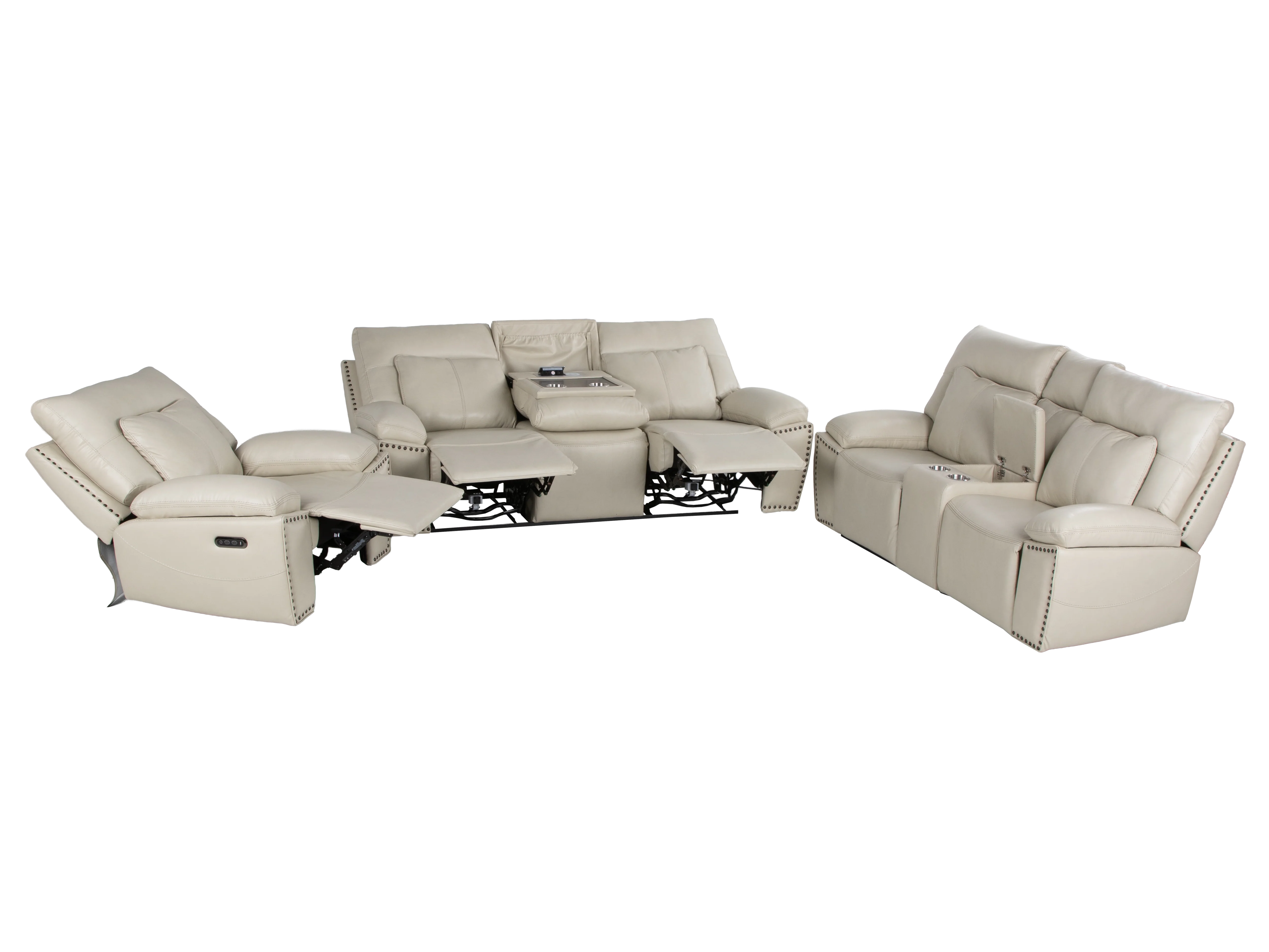 3-Piece Top Grain Leather Power Reclining Living Room Set with Console, Drop-Down Table, Cup Holders & USB (Cream) - Image 3