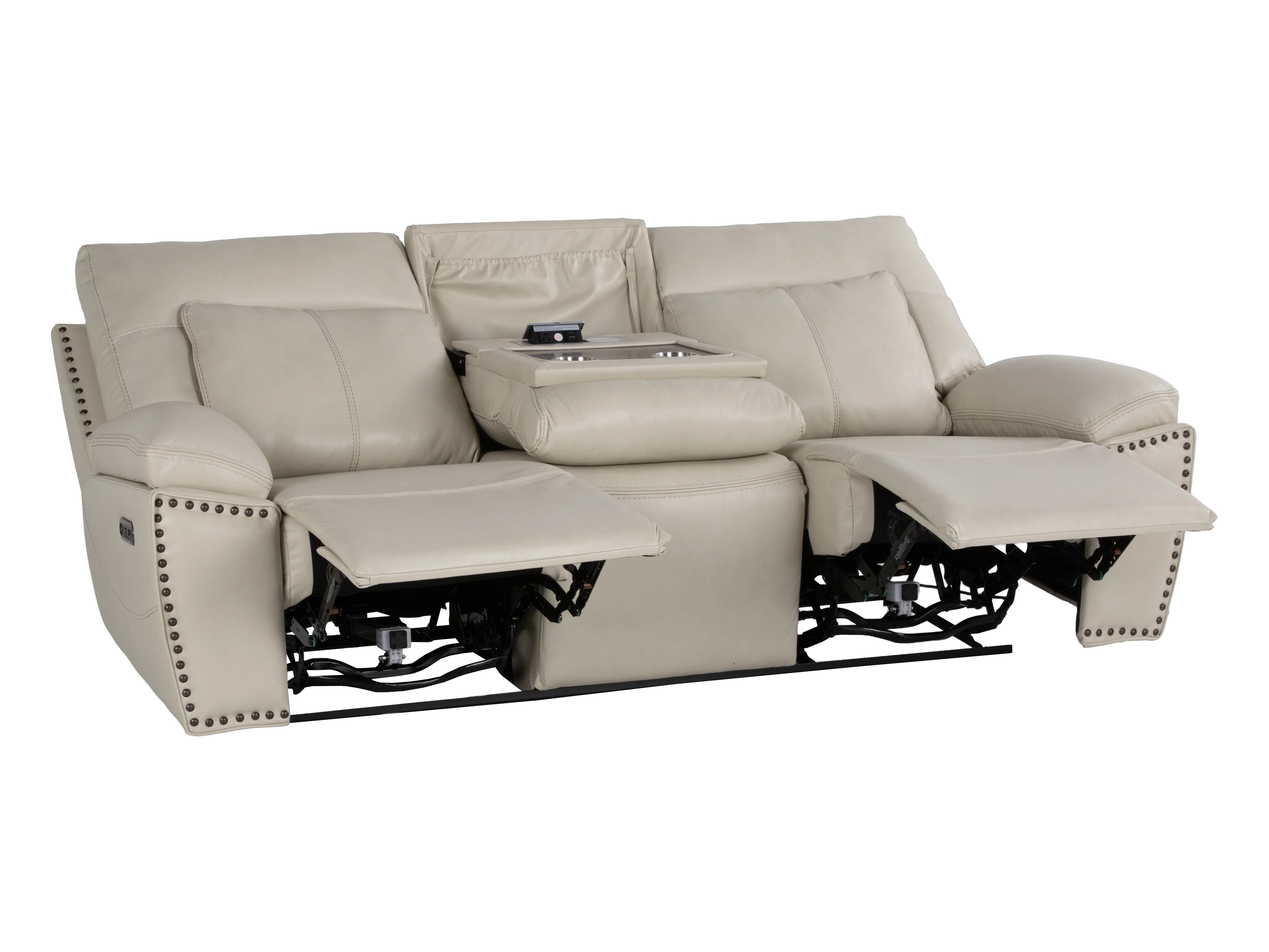 3-Piece Top Grain Leather Power Reclining Living Room Set with Console, Drop-Down Table, Cup Holders & USB (Cream) - Image 4
