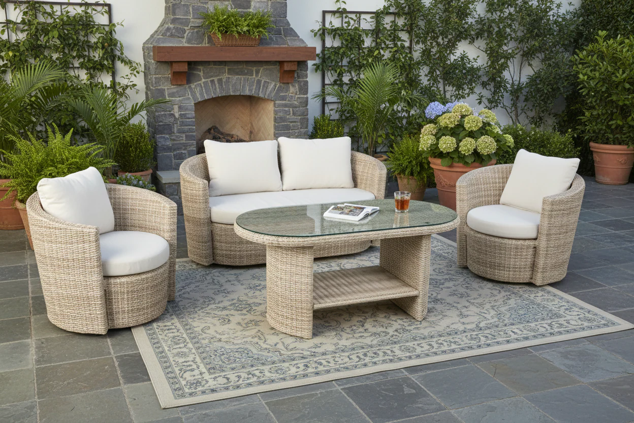 4-Piece Outdoor Wicker Conversation Set with Glass Coffee Table