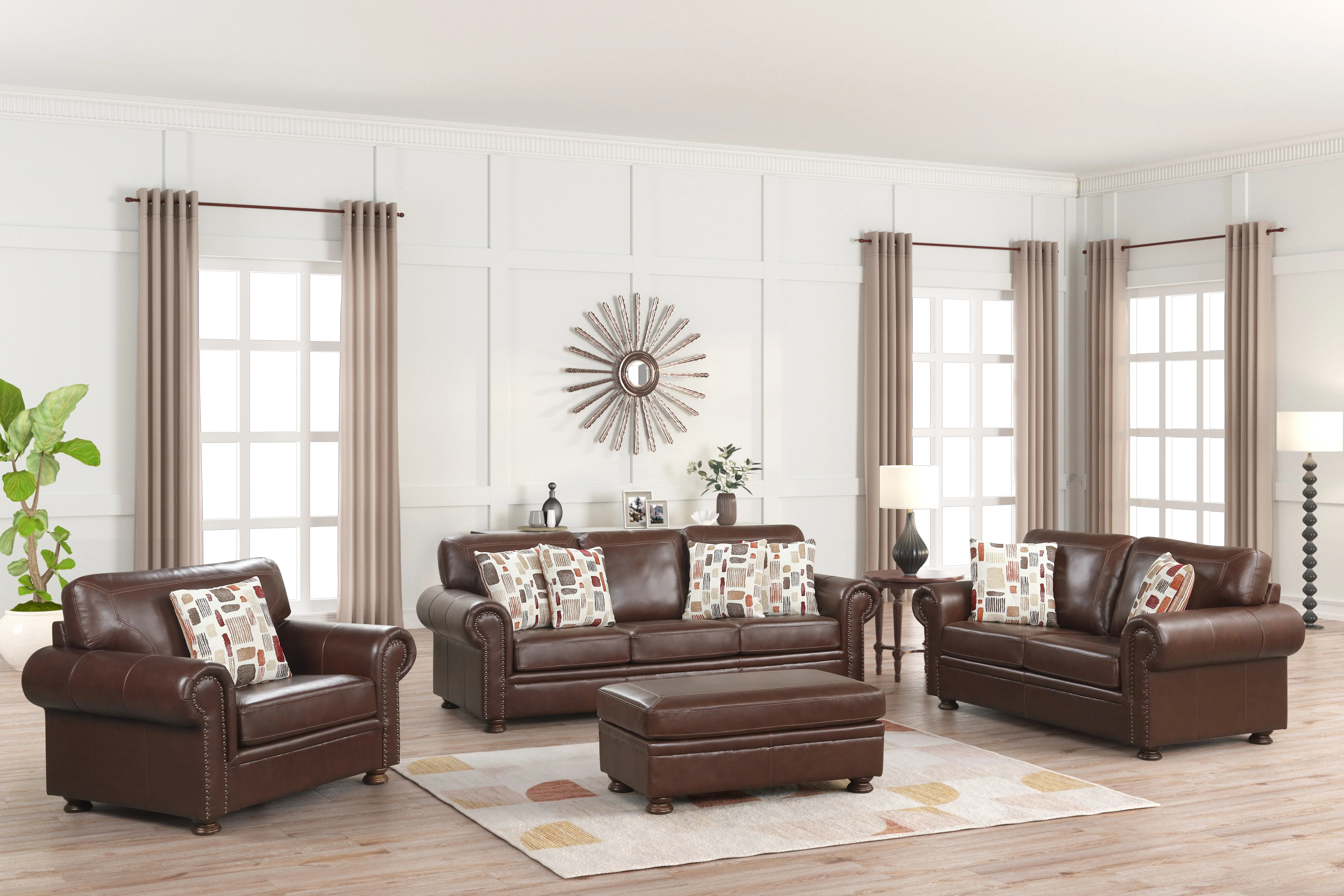 Brown Top-Grain Leather 4-Piece Living Room Set with Sofa, Loveseat, Chair & Ottoman