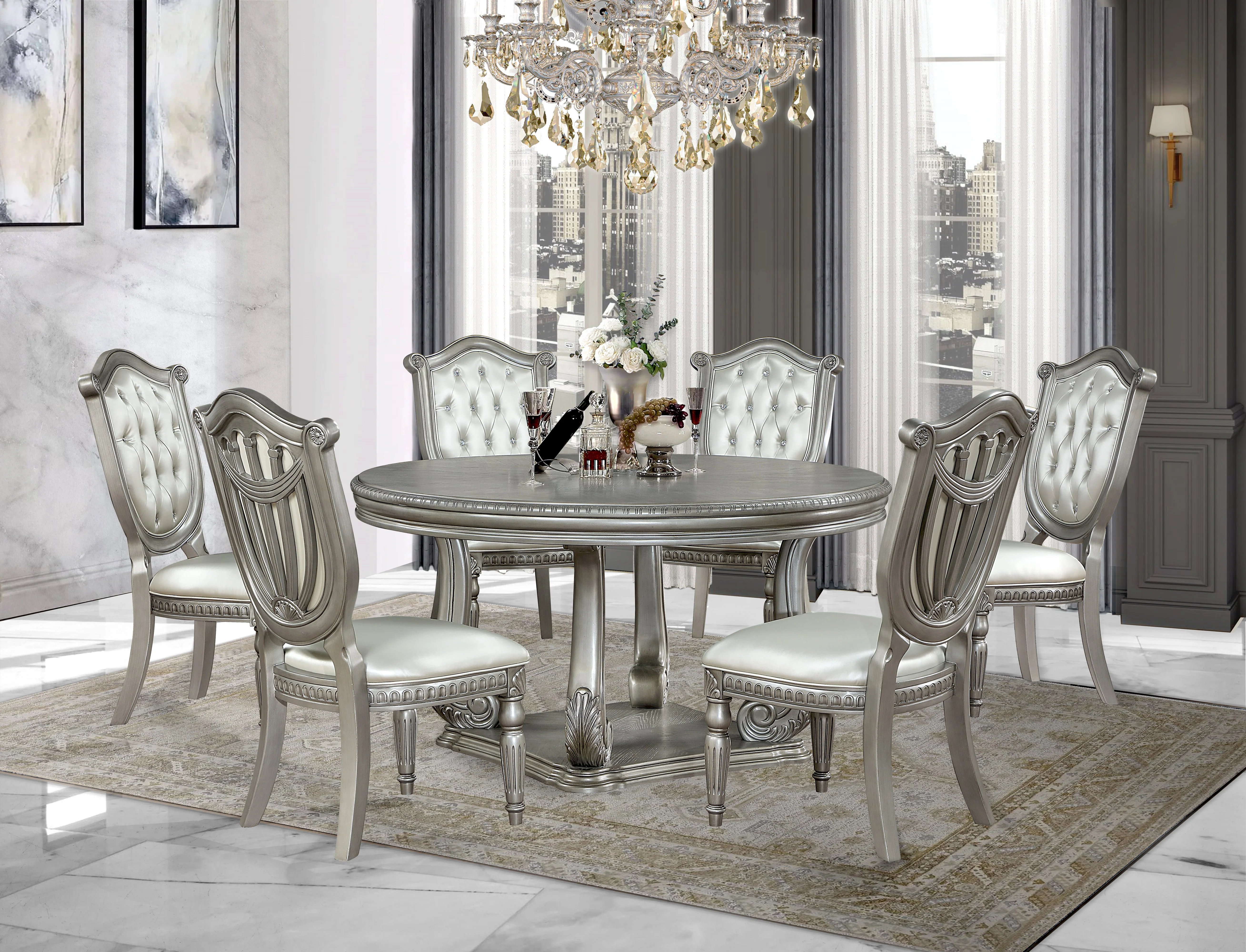 5-Piece Glam Silver Round Dining Set with Tufted Chairs - Image 2