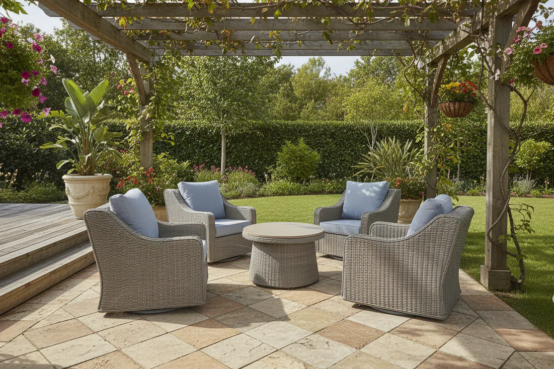 5-Piece Gray Wicker Outdoor Swivel Conversation Set with Round Coffee Table