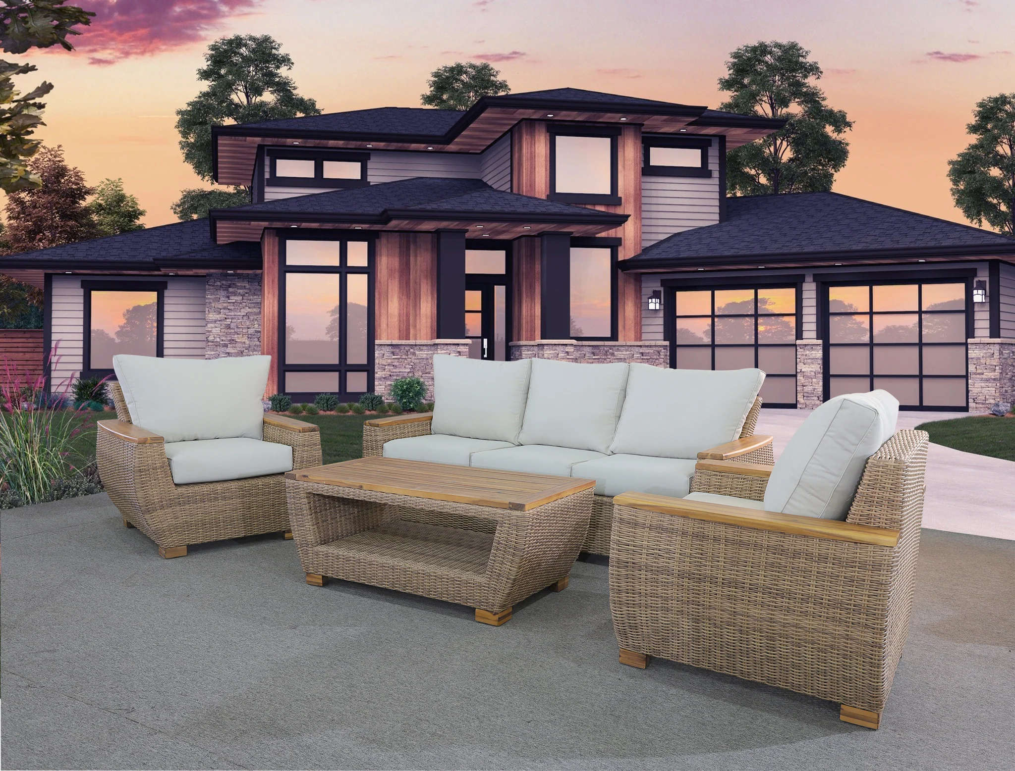 5-Piece Wicker Outdoor Conversation Set with Acacia Coffee Table – Cream Cushions - Image 3