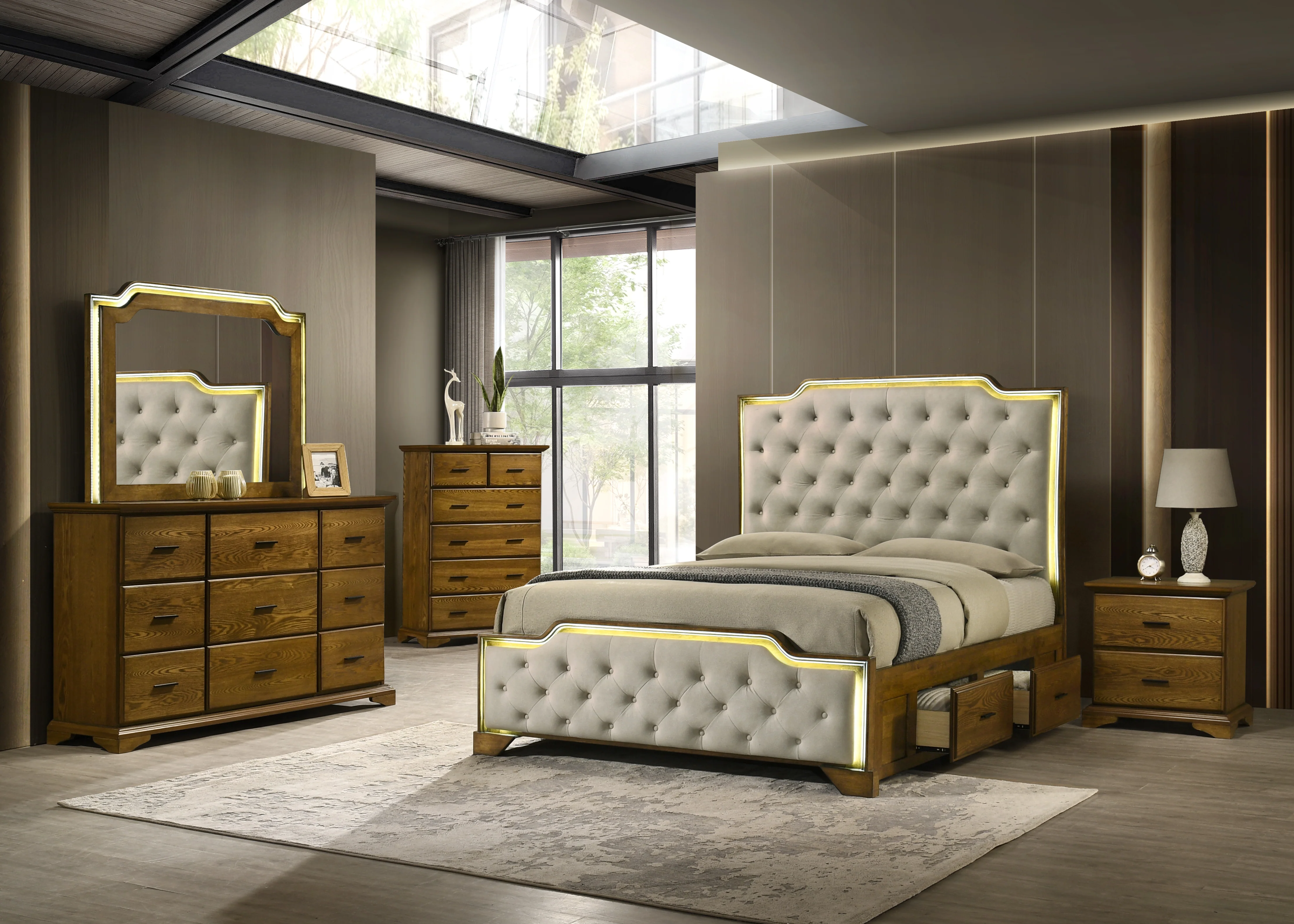 6-Piece Bedroom Set with LED Lighting, Button-Tufted Upholstered Storage Bed, Dresser, Mirror & Nightstand — Light Oak Finish