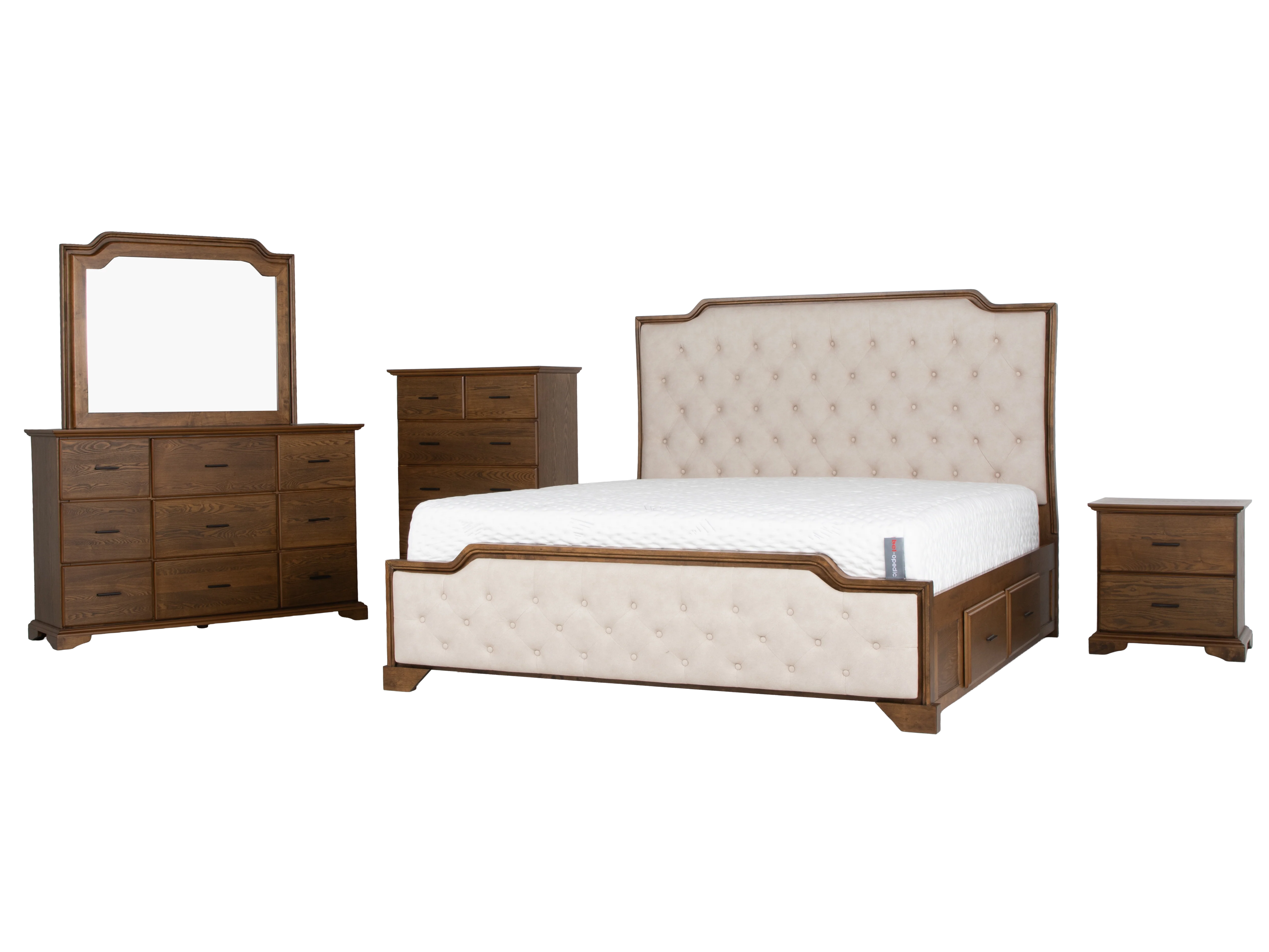 6-Piece Bedroom Set with LED Lighting, Button-Tufted Upholstered Storage Bed, Dresser, Mirror & Nightstand — Light Oak Finish - Image 2