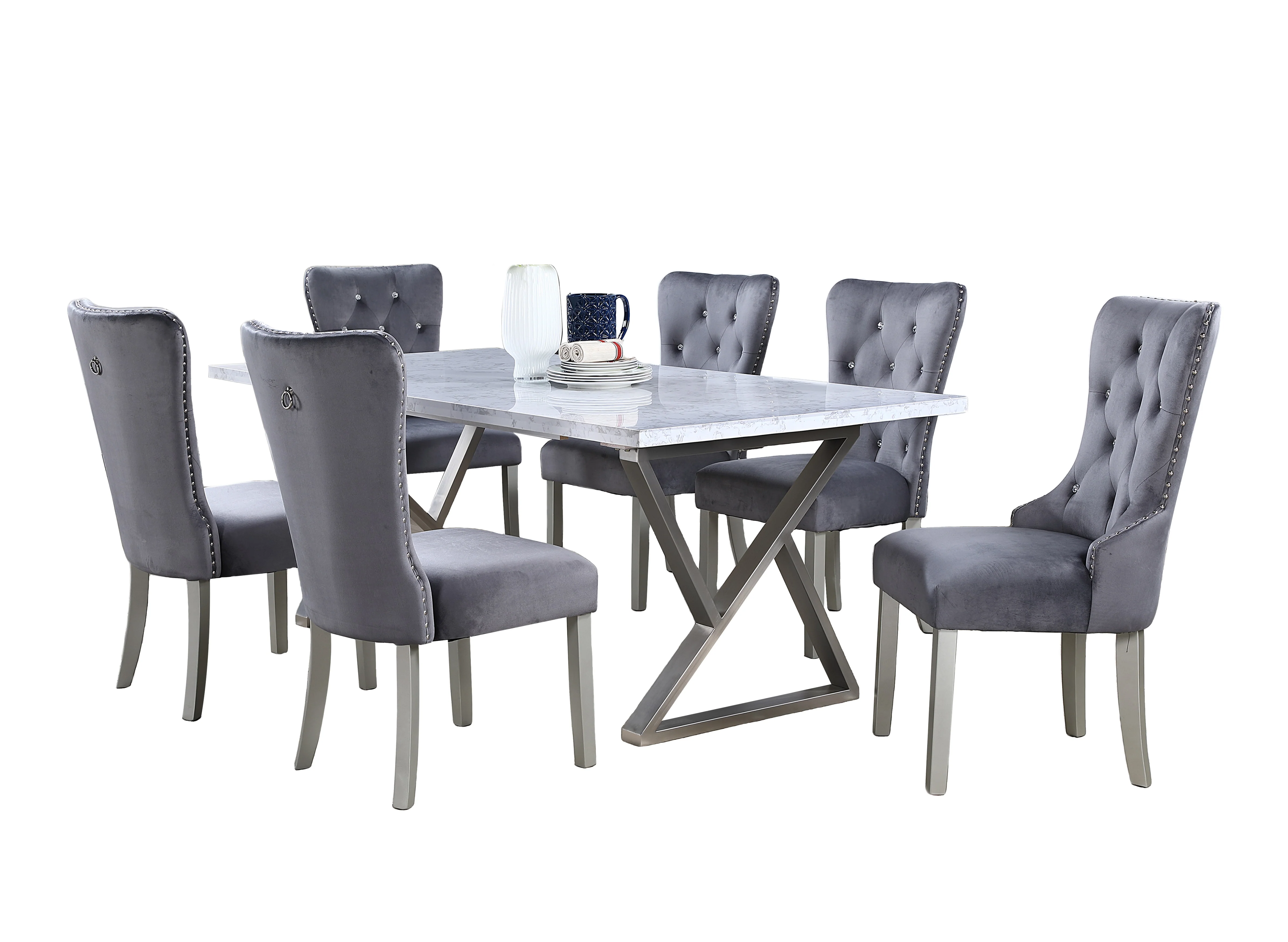 7 Piece Gray Marble Dining Set with Steel Base and Velvet Chairs - Image 2