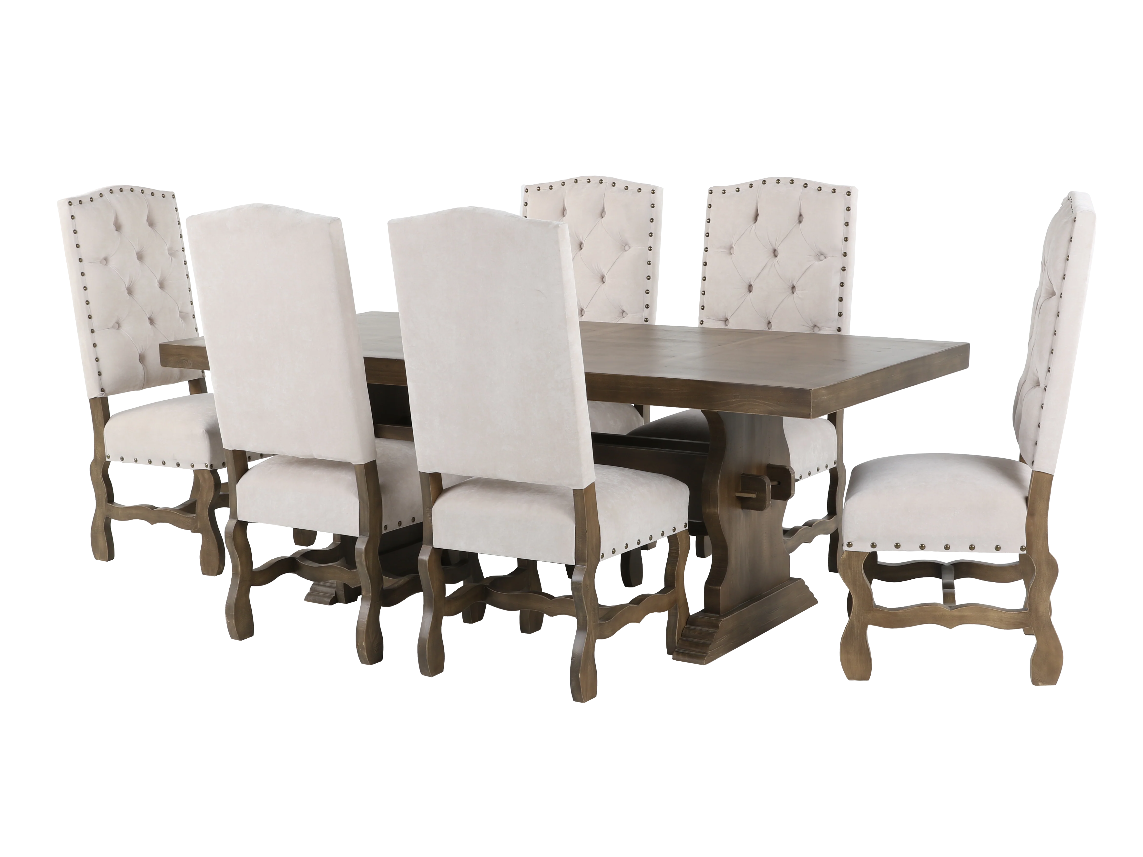 7-Piece Trestle Dining Set with 6 Tufted High-Back Chairs (Warm Brown/Ivory) - Image 2
