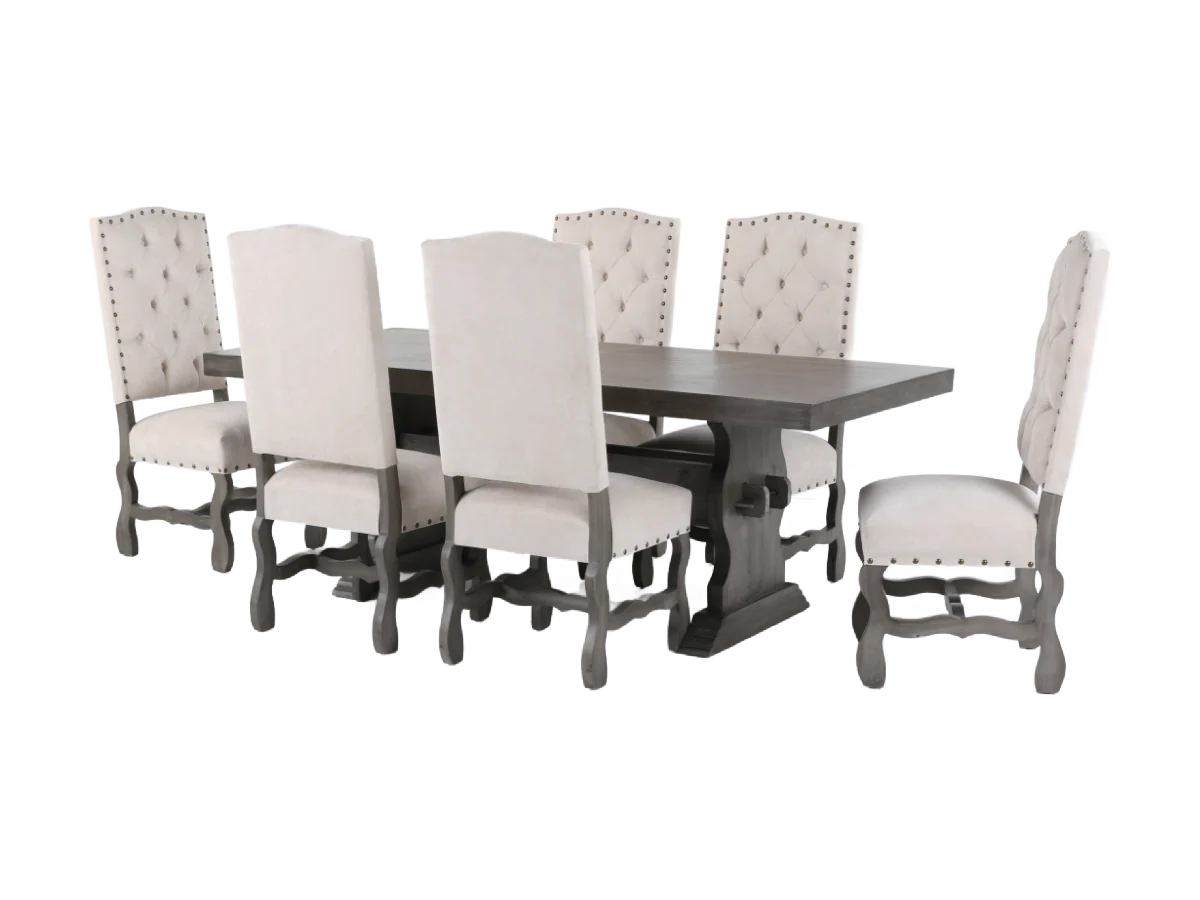 7-Piece Trestle Dining Set with Tufted High-Back Chairs (Gray/Ivory) - Image 2