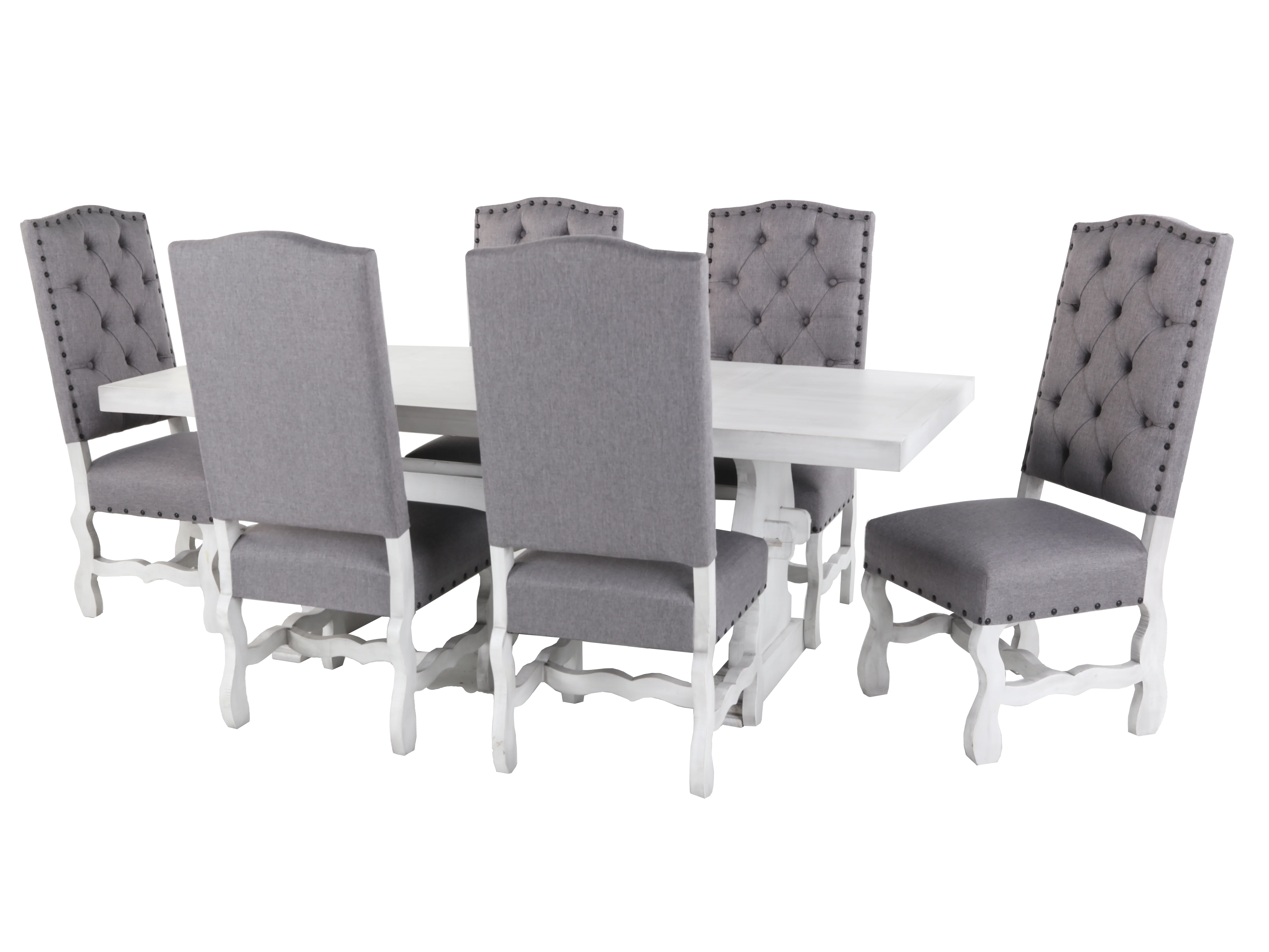 7-Piece White Trestle Dining Set with 6 Tufted High-Back Chairs (Gray) - Image 2