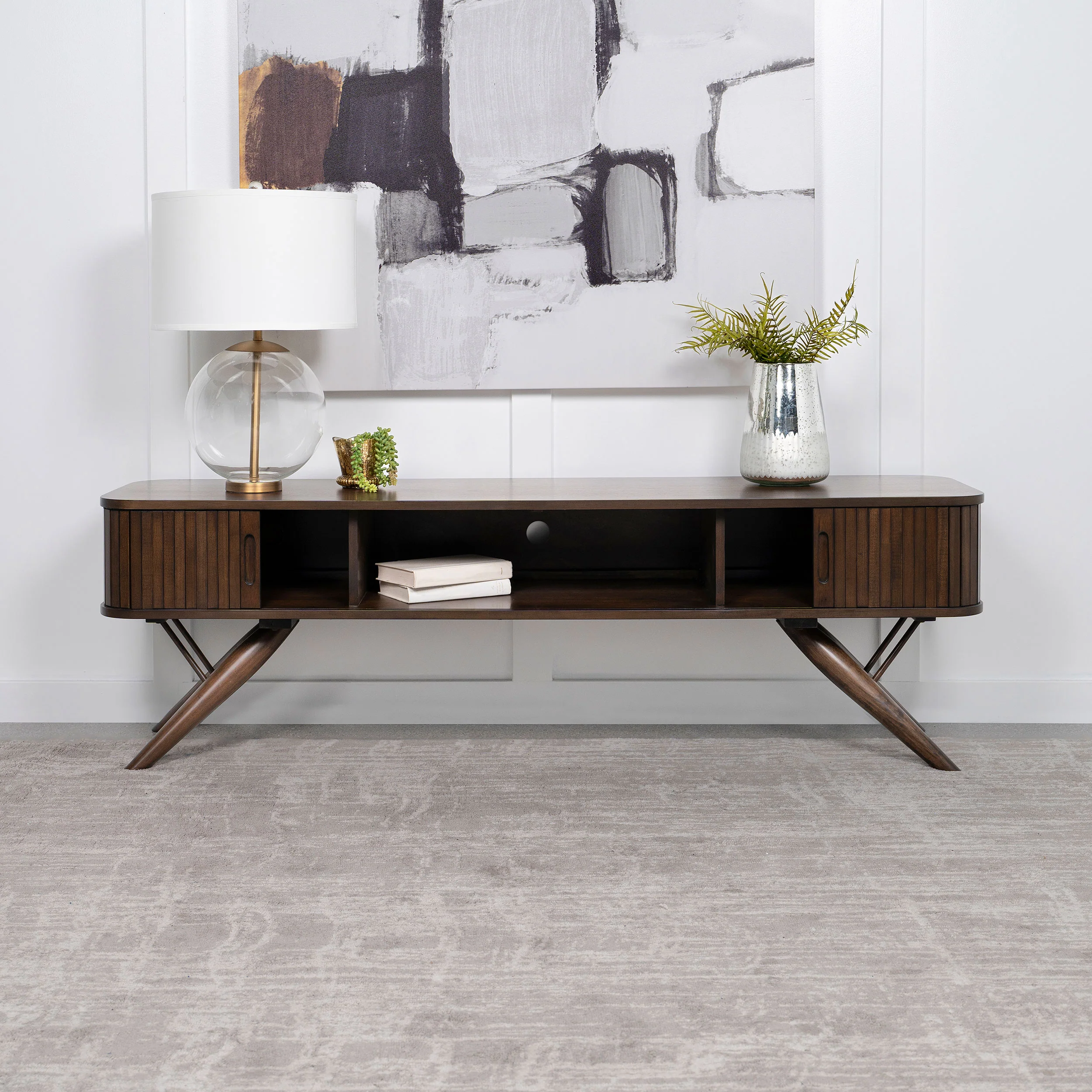 Valna - Wood TV Stand With Sliding Doors - Walnut - Image 9