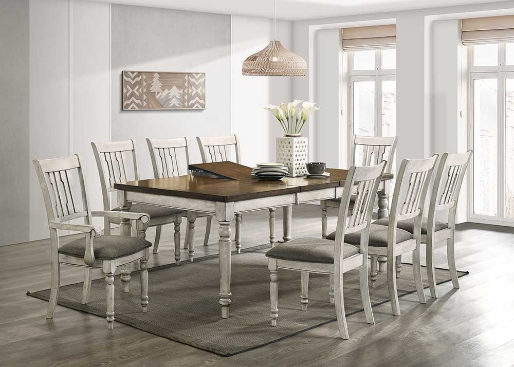 9-Piece Farmhouse Dining Set with Turned Legs and Upholstered Chairs