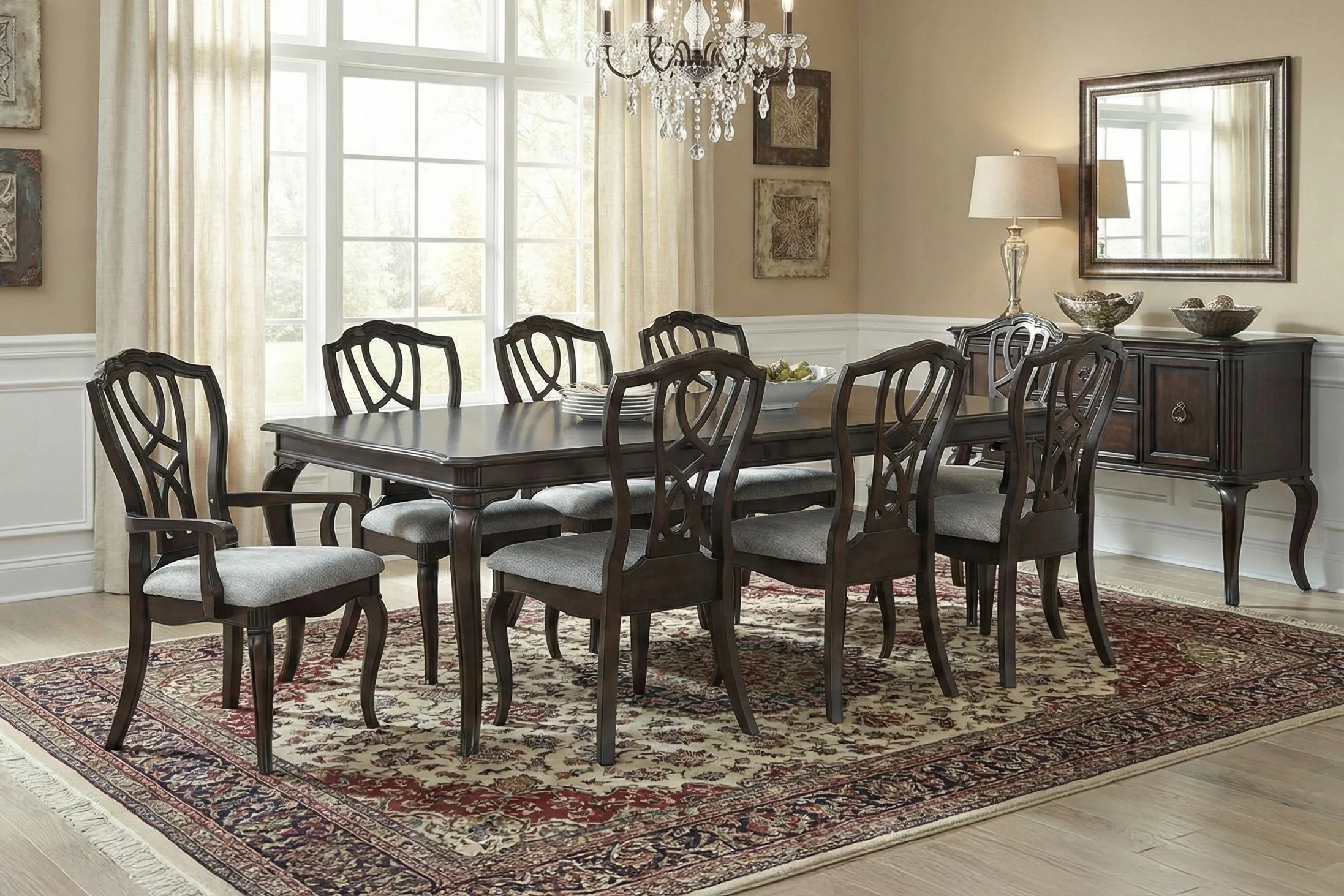 9-Piece Traditional Dining Set in Espresso (Table + 8 Upholstered Chairs) - Image 6