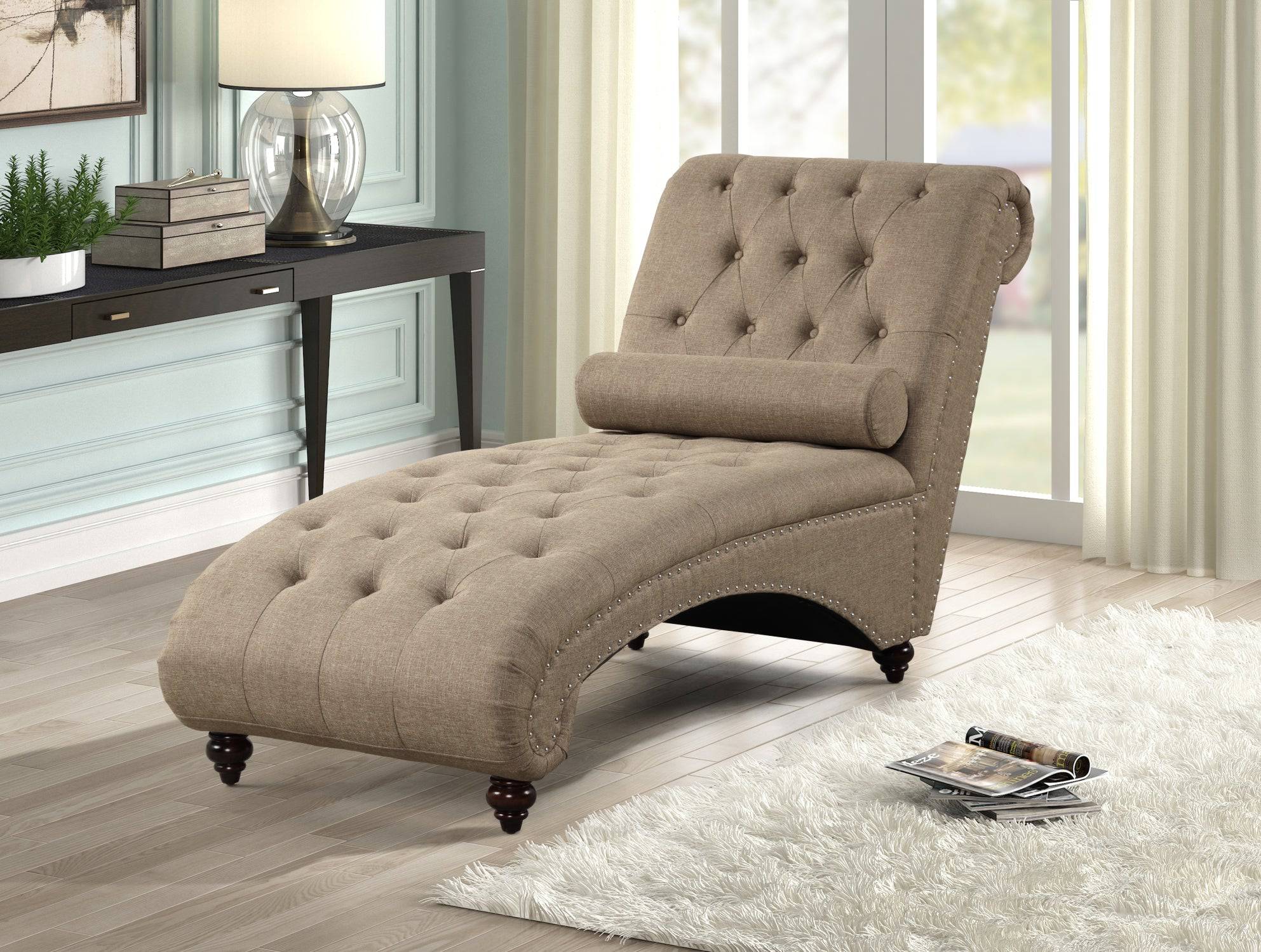 Light Brown Tufted Chaise Lounge with Nailhead Trim & Bolster Pillow - Image 4