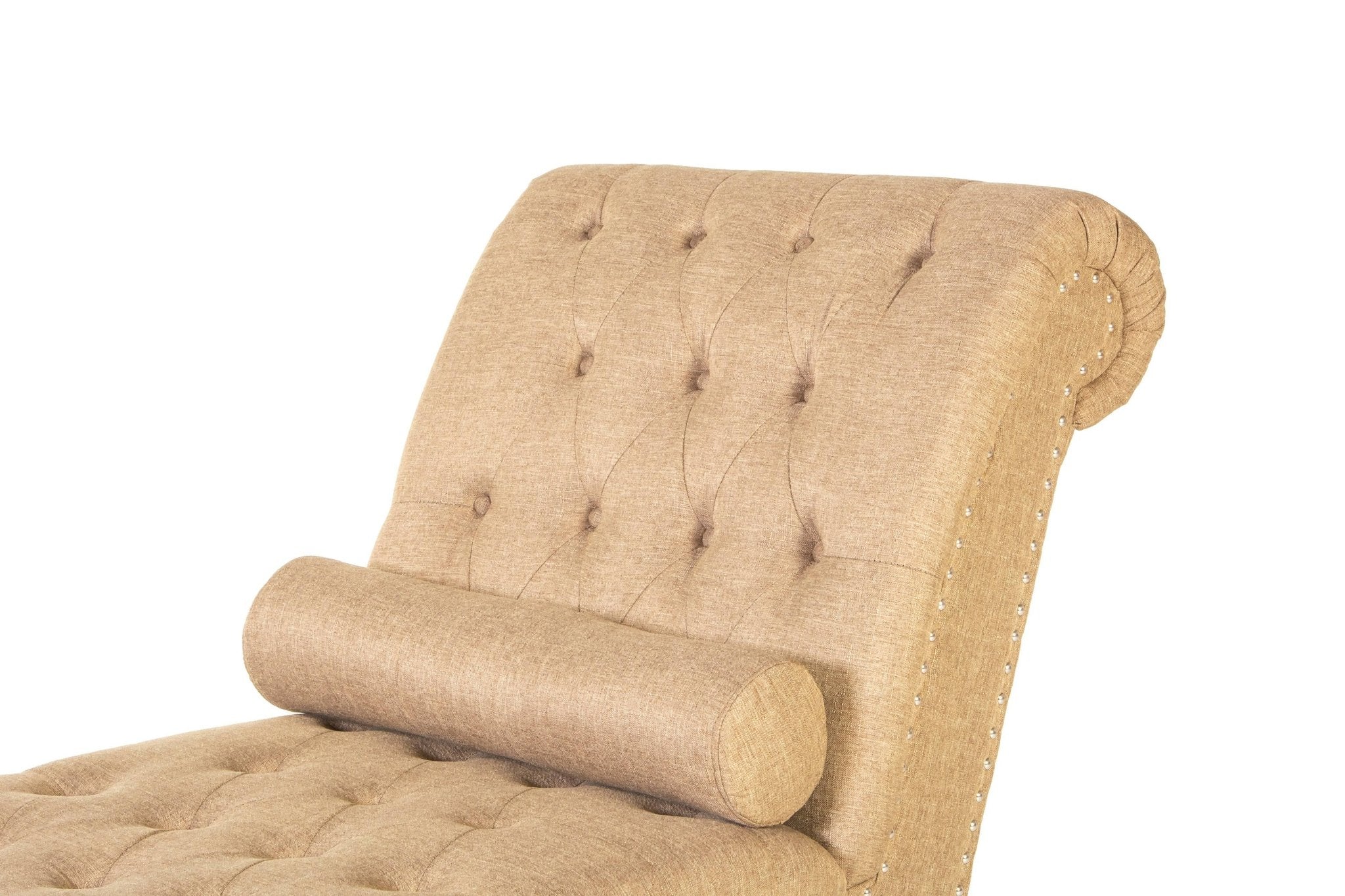 Light Brown Tufted Chaise Lounge with Nailhead Trim & Bolster Pillow - Image 5