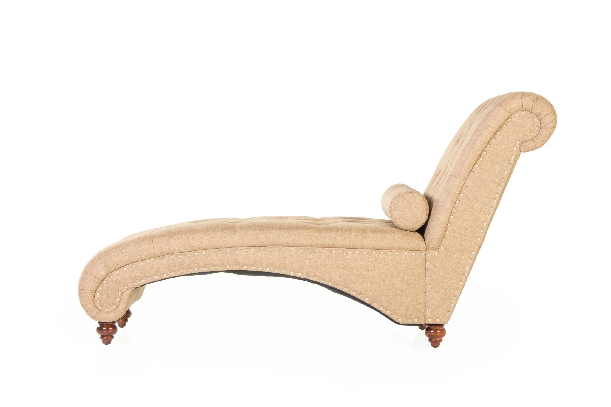 Light Brown Tufted Chaise Lounge with Nailhead Trim & Bolster Pillow - Image 7