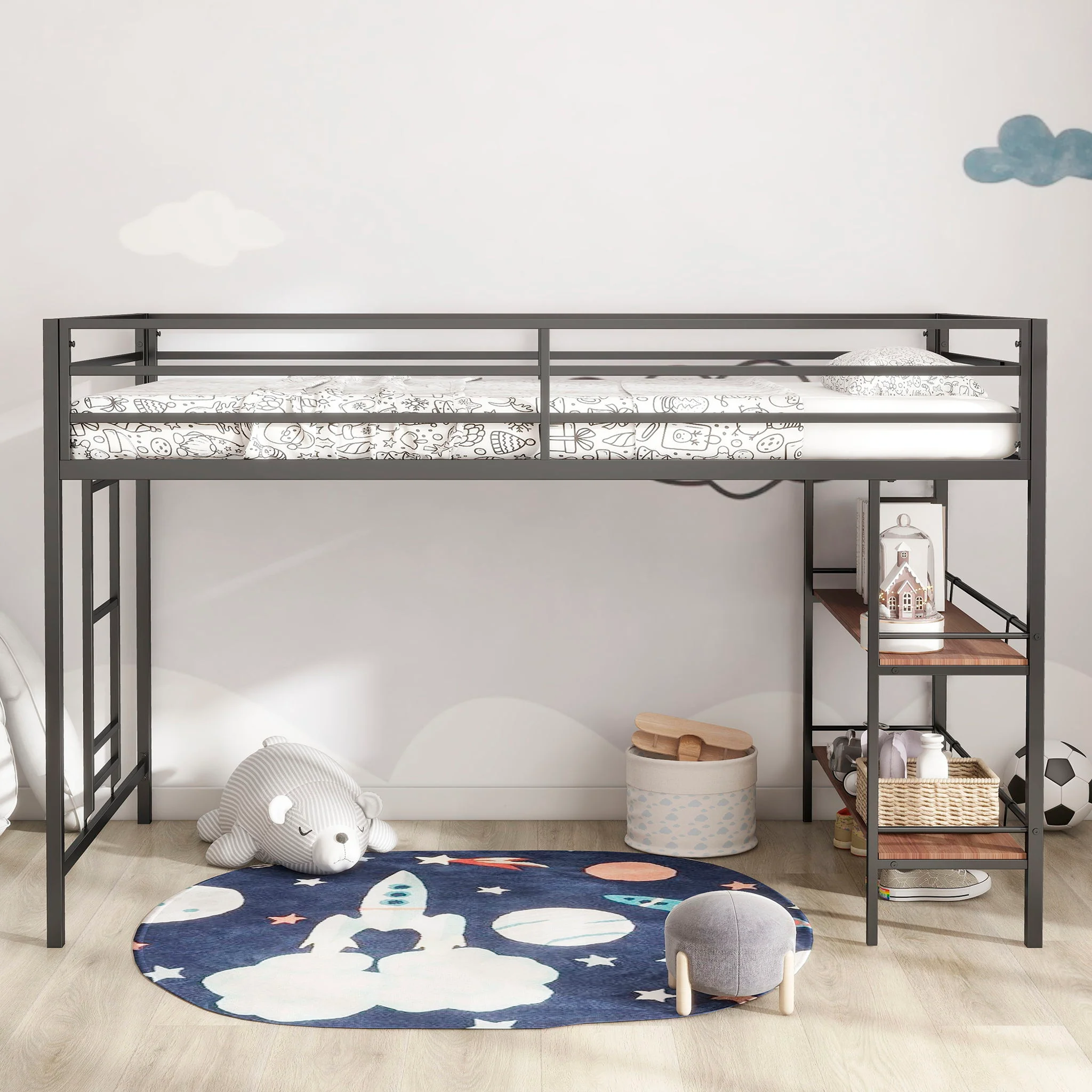 Adam - Twin Loft Bunk Bed With Cinnamon Wood Shelf - Black - Image 4