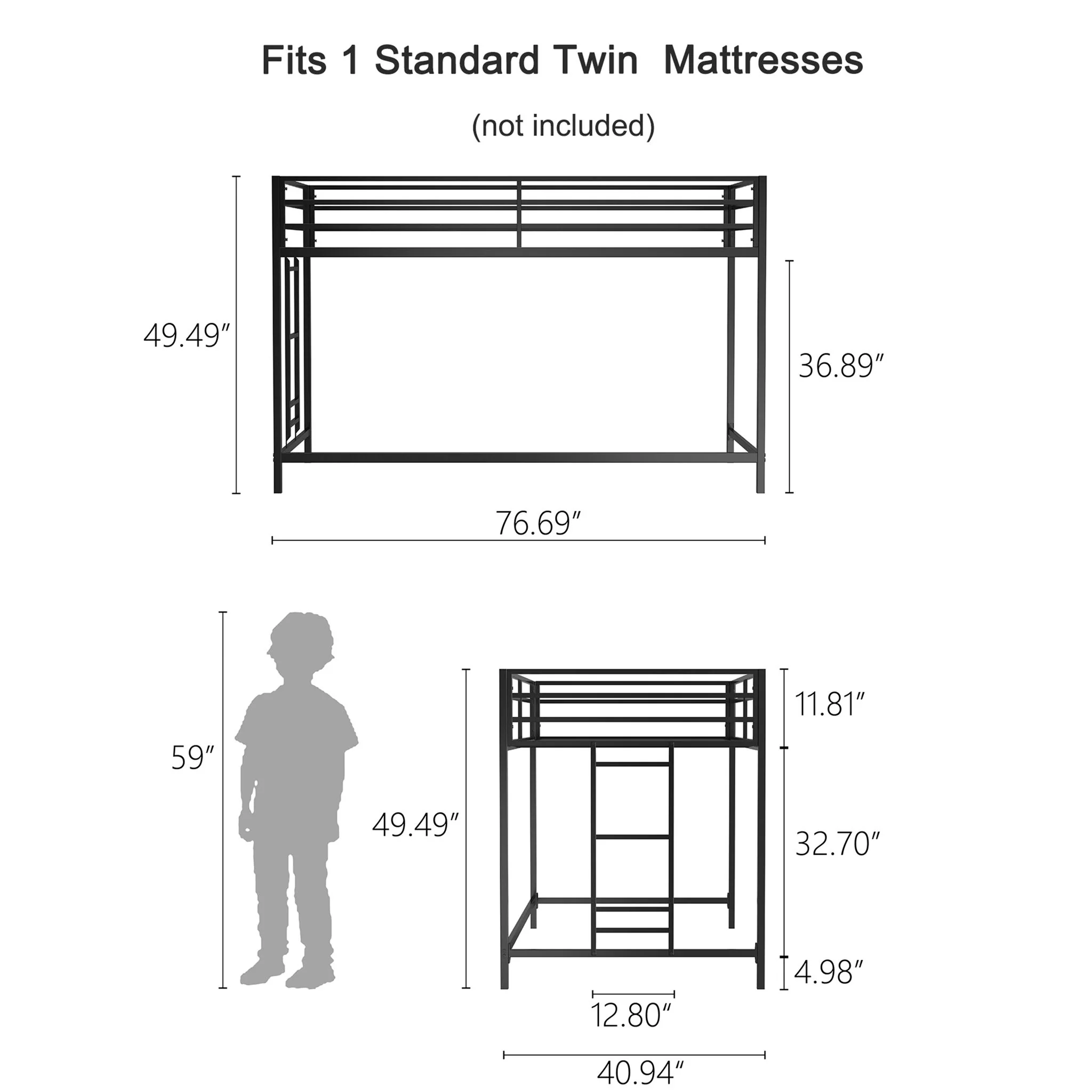 Adam - Twin Loft Bunk Bed With Cinnamon Wood Shelf - Black - Image 7