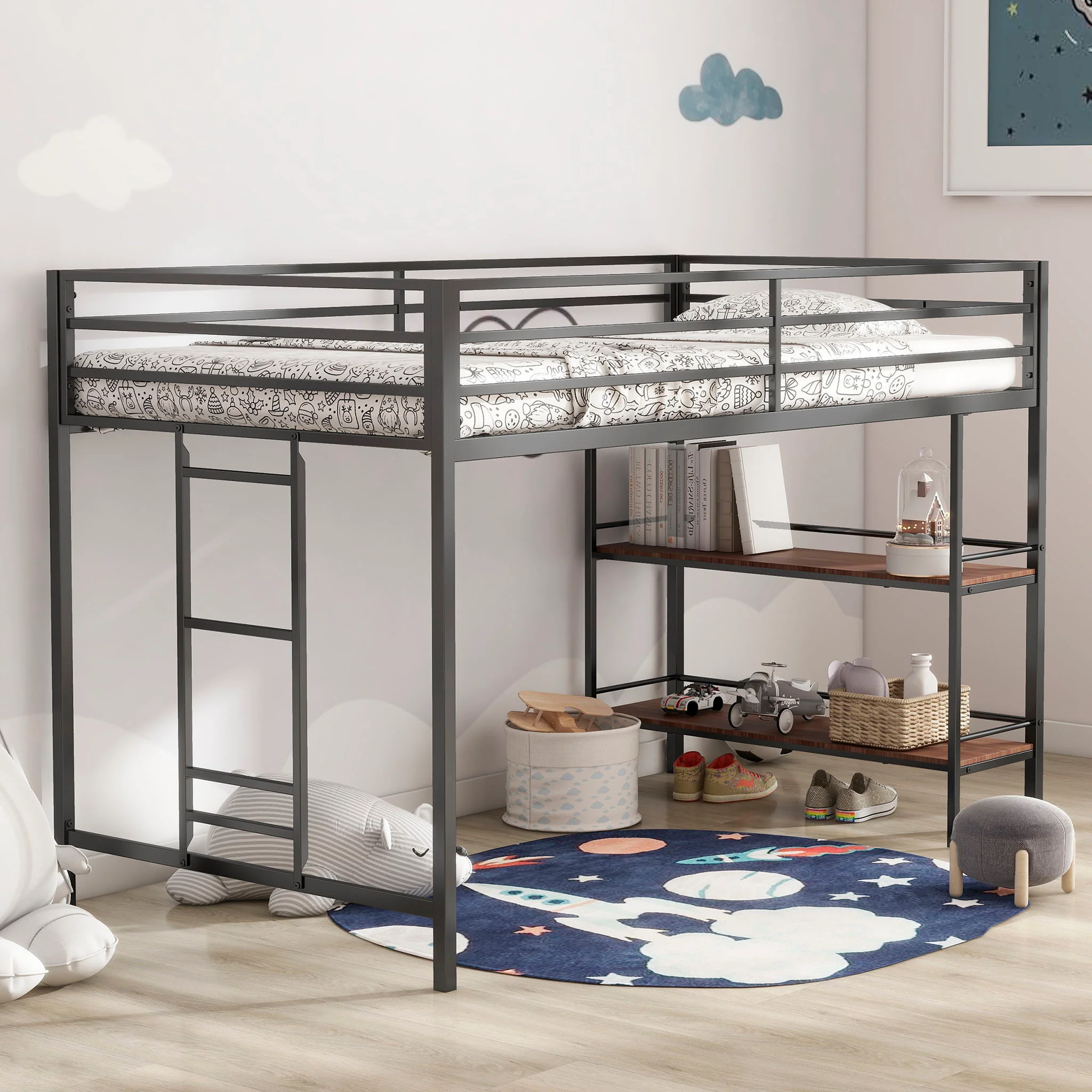 Adam - Twin Loft Bunk Bed With Cinnamon Wood Shelf - Black - Image 9