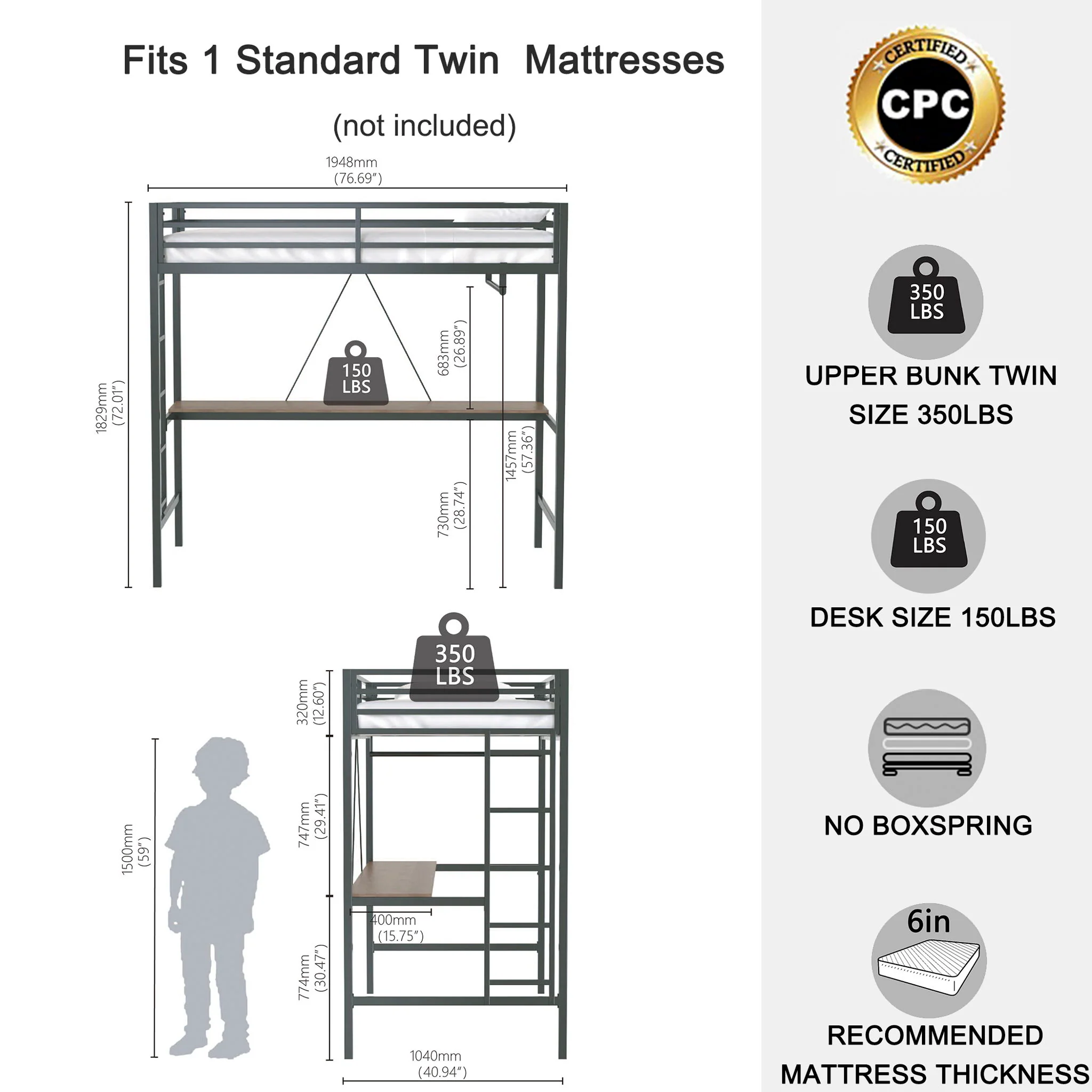 Adam - Twin Loft Bunk Bed With Cinnamon Wood Desk And Closet Rod - Black - Image 6