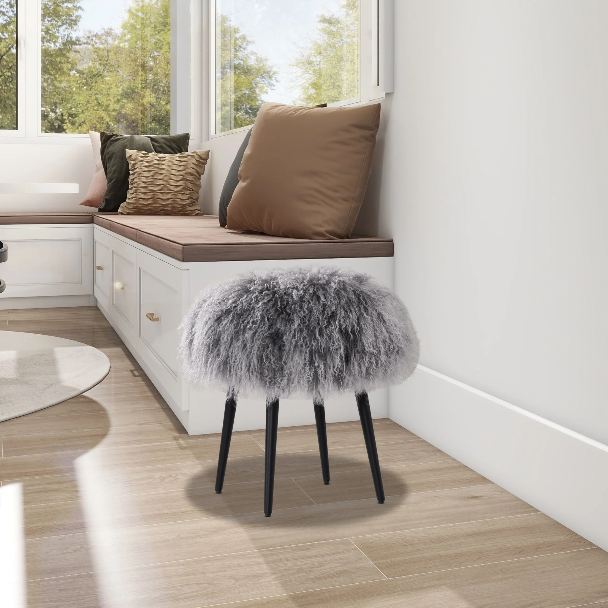 Alberta - Mongolian Sheepskin Round Ottoman - Image 2