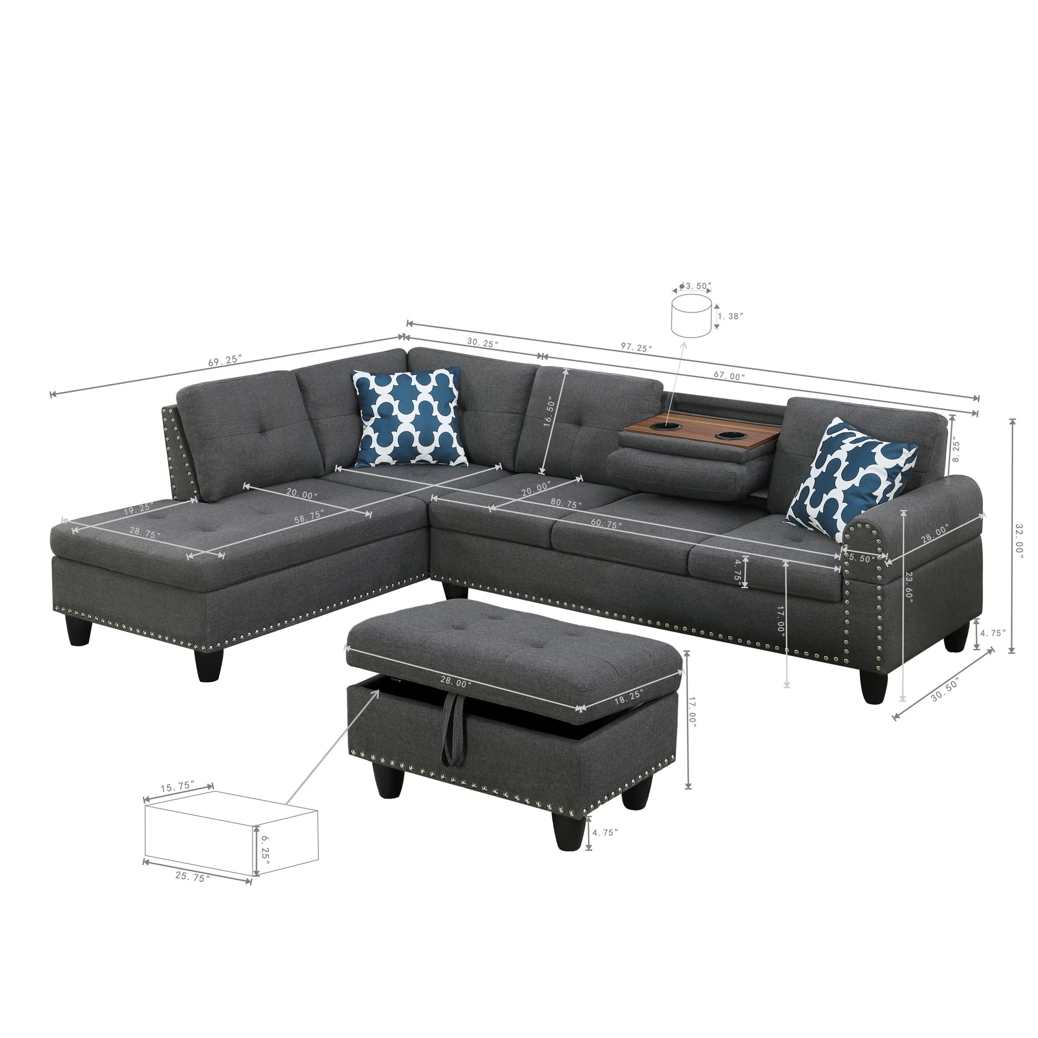 Alger - 98" Wide Left Hand Facing Sofa & Chaise With Ottoman - Image 31