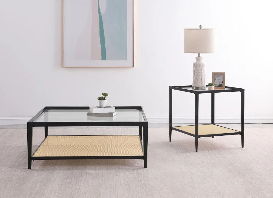 Amherst Glass Top Metal with Cane Shelf End Table Black - Image 6