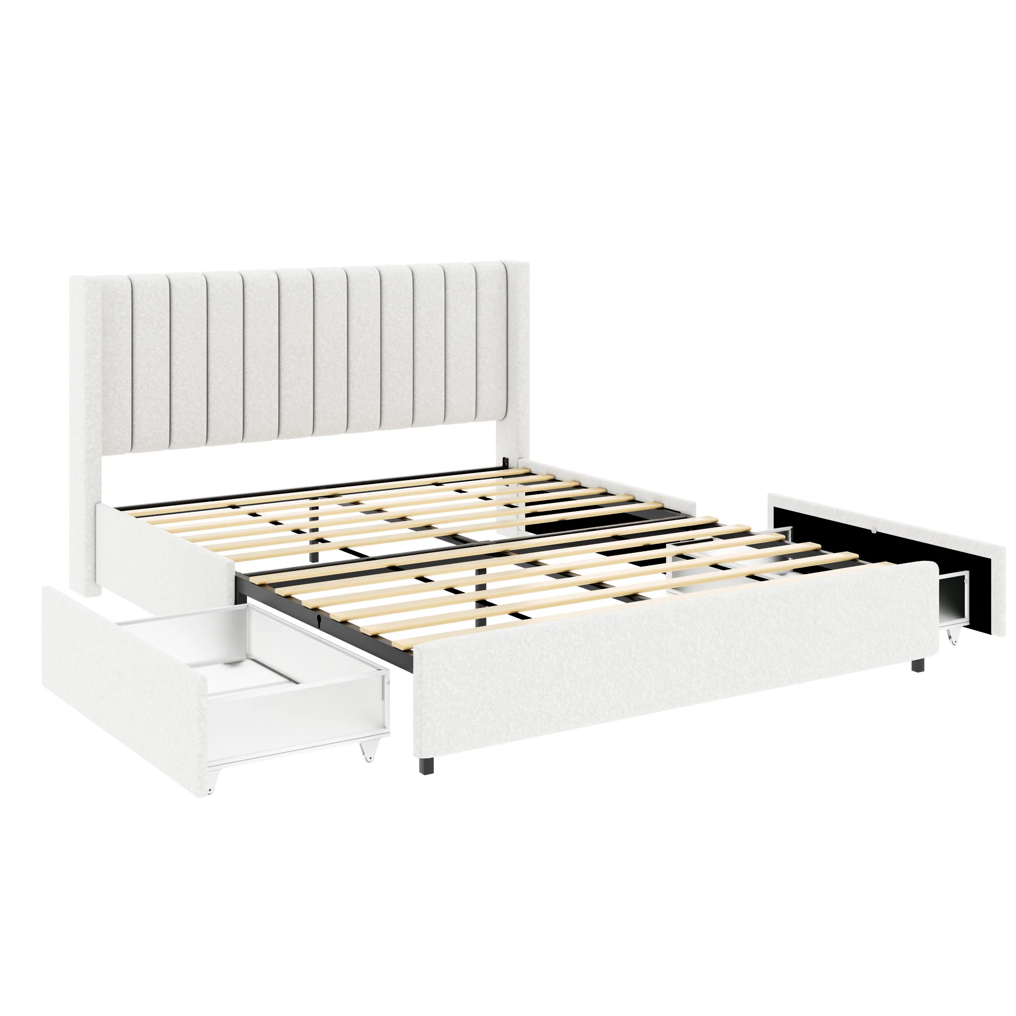 Anda - Boucle Upholstered Platform Bed With Patented Drawers Storage - Ivory - Image 2
