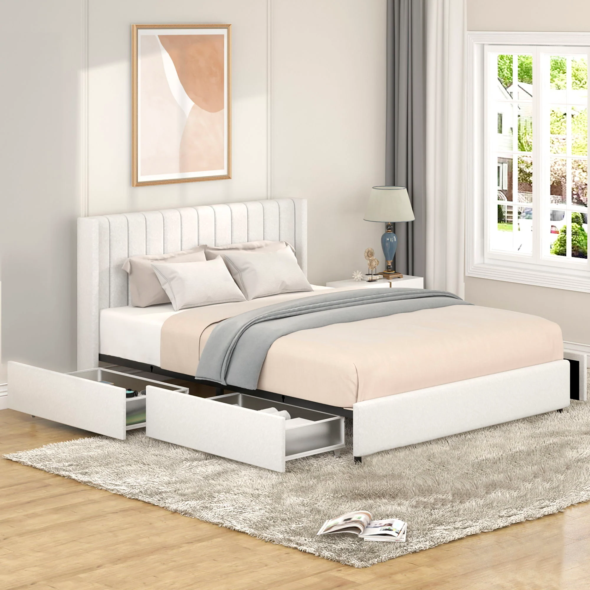 Anda - Boucle Upholstered Platform Bed With Patented Drawers Storage - Ivory - Image 5