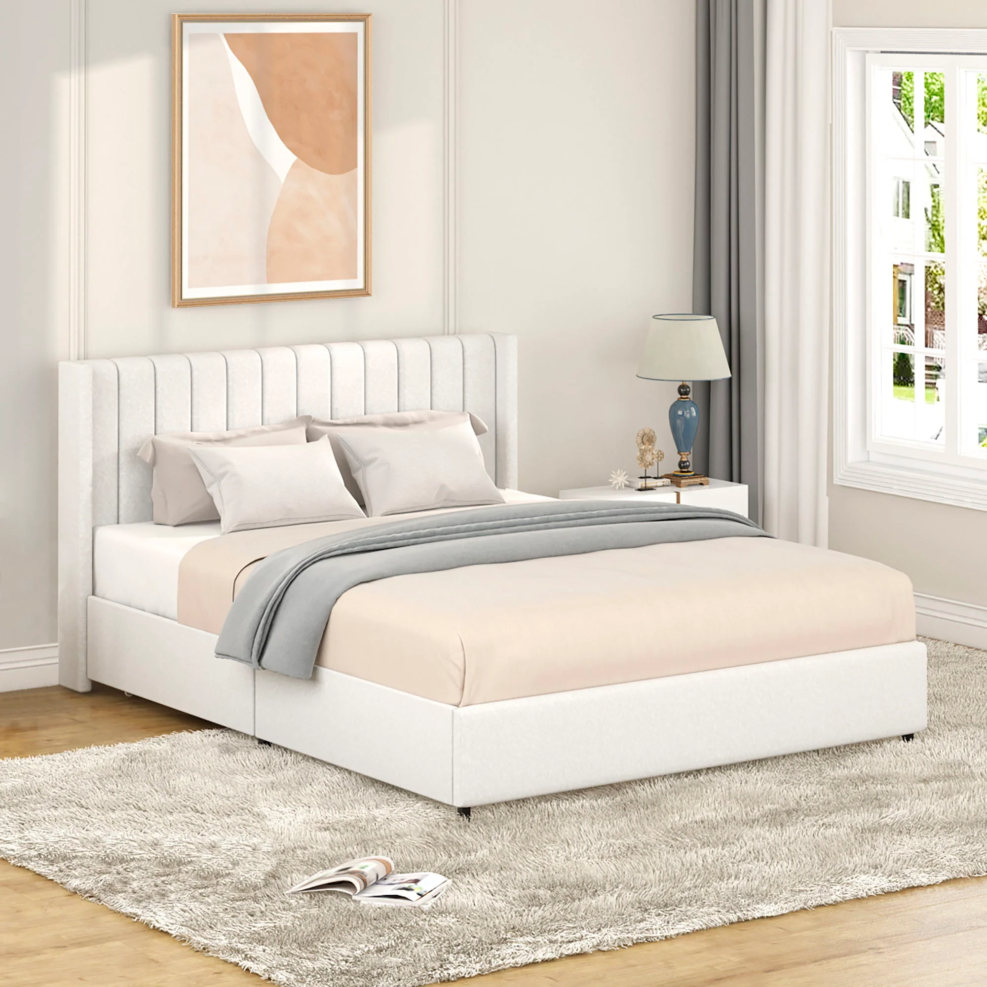 Anda - Boucle Upholstered Platform Bed With Patented Drawers Storage - Ivory - Image 9