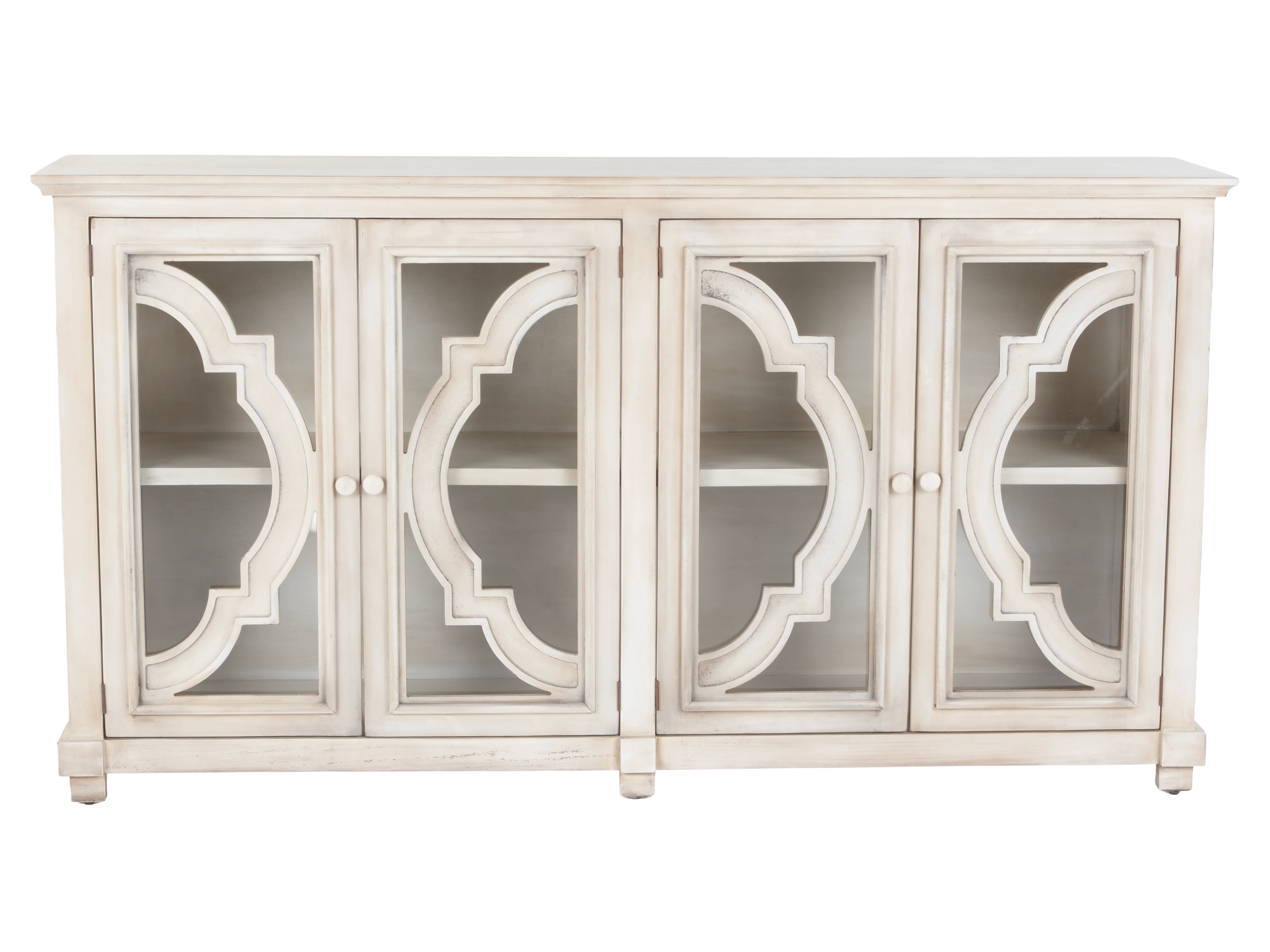 Antique Cream 4-Door Glass Sideboard with Shelves