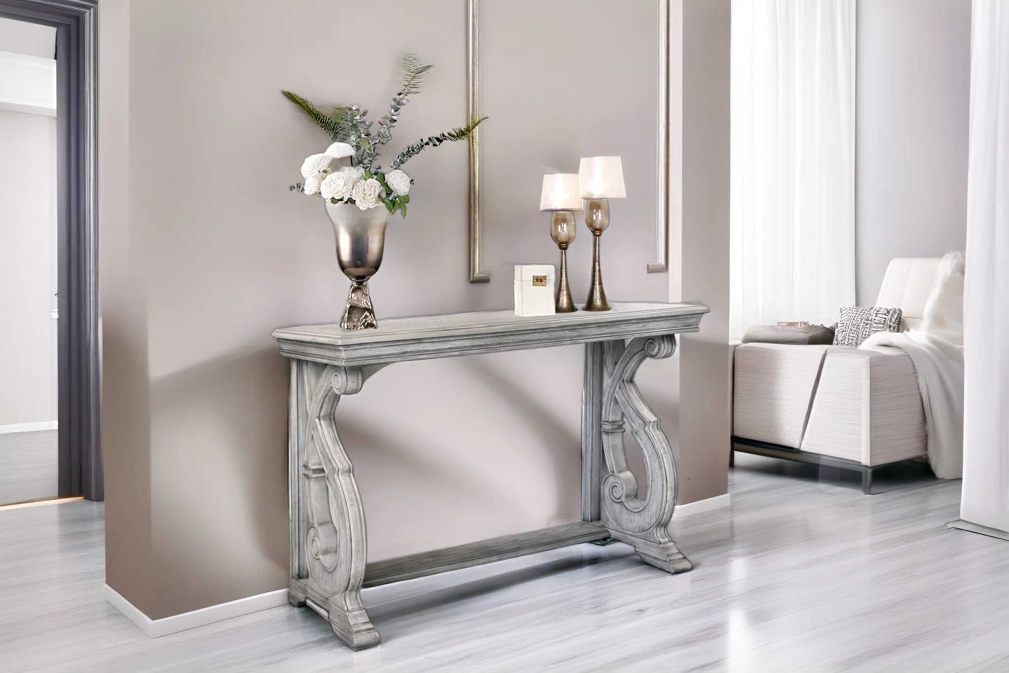 Antique Gray Carved Sofa Table / Console Table - Image 3