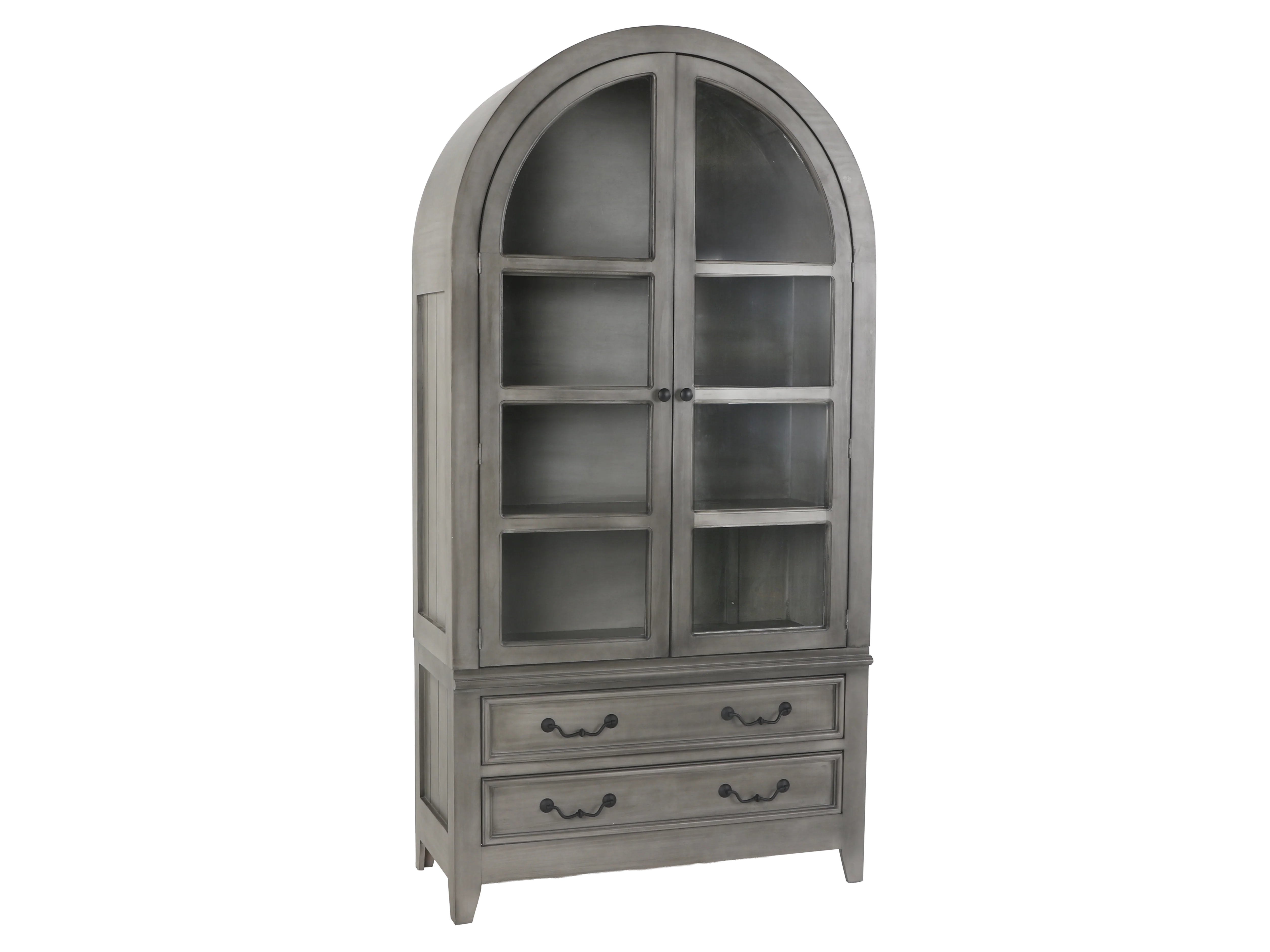 Arched Gray Display Cabinet with Glass Doors & Storage Drawers