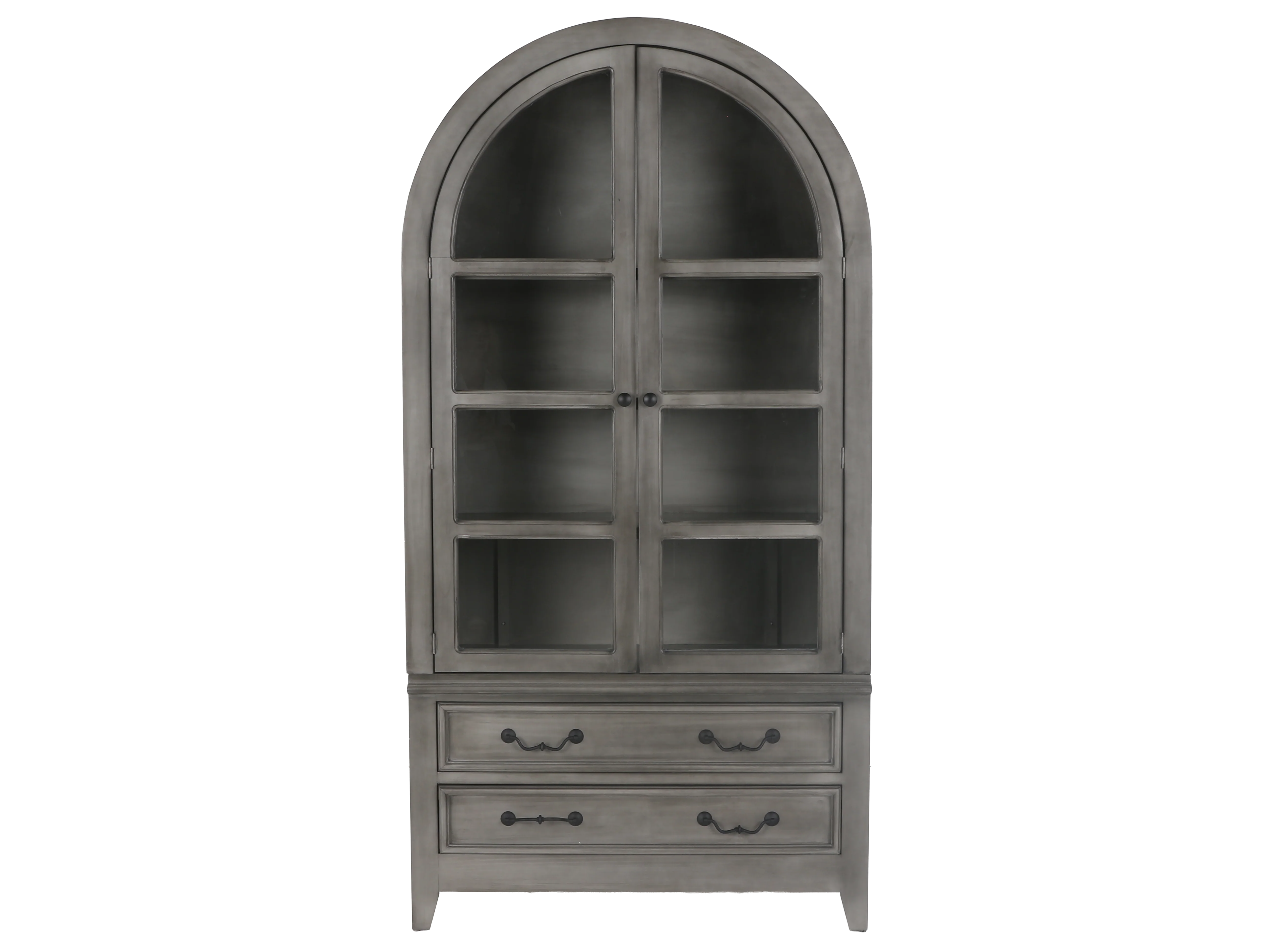 Arched Gray Display Cabinet with Glass Doors & Storage Drawers - Image 2