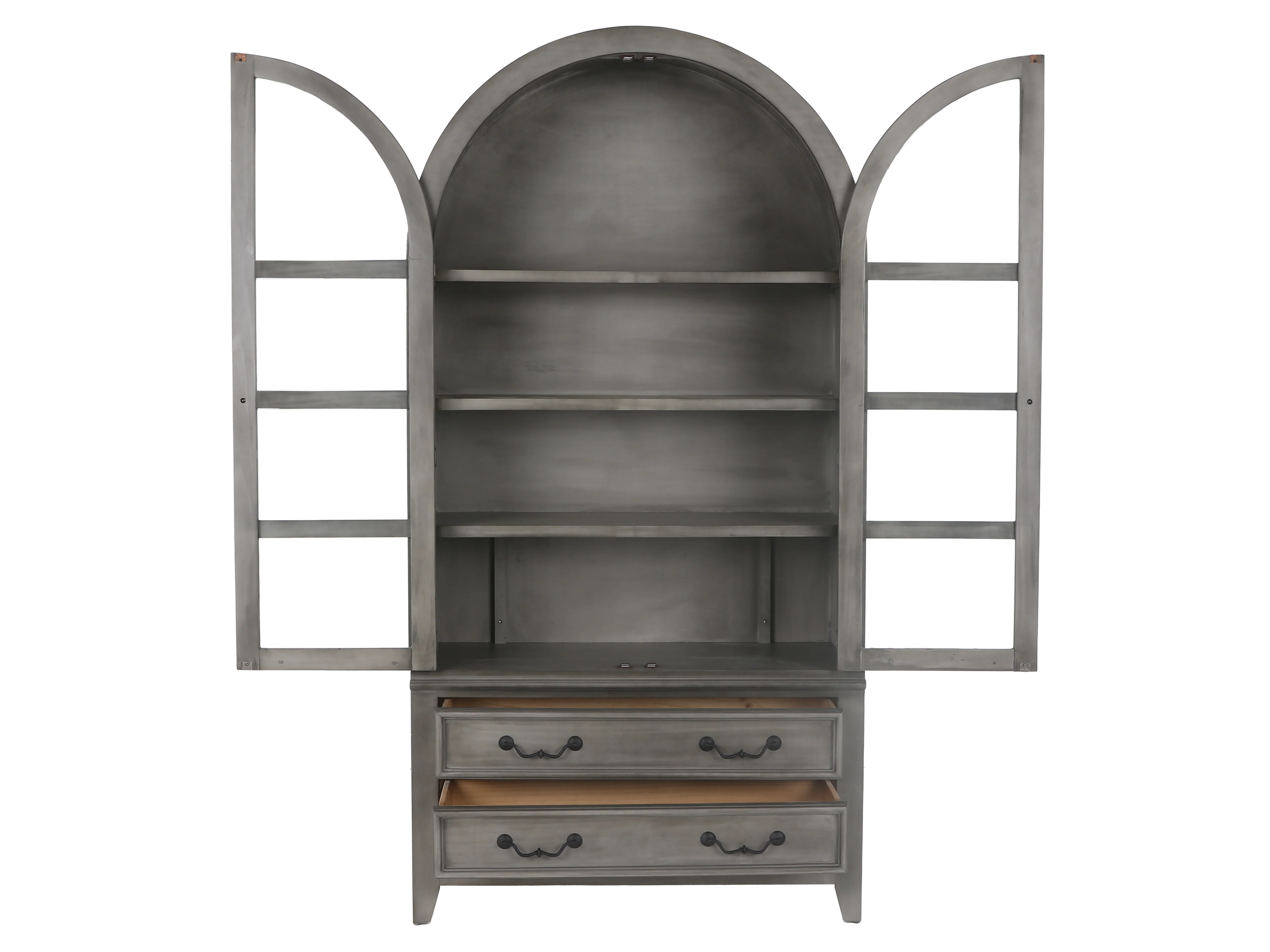 Arched Gray Display Cabinet with Glass Doors & Storage Drawers - Image 3