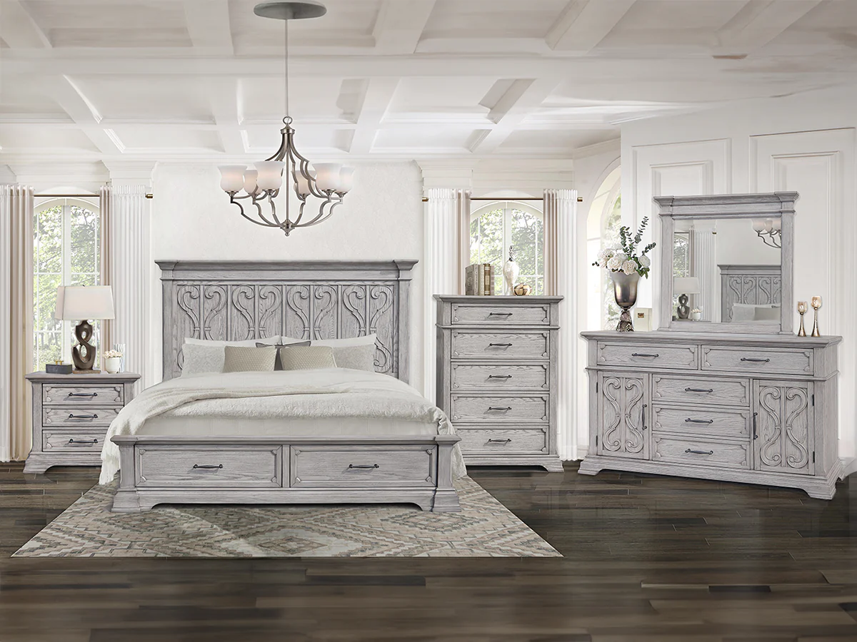 Artesian 6-Piece Light Gray Storage Bedroom Set (Bed, Dresser, Mirror & Nightstand)
