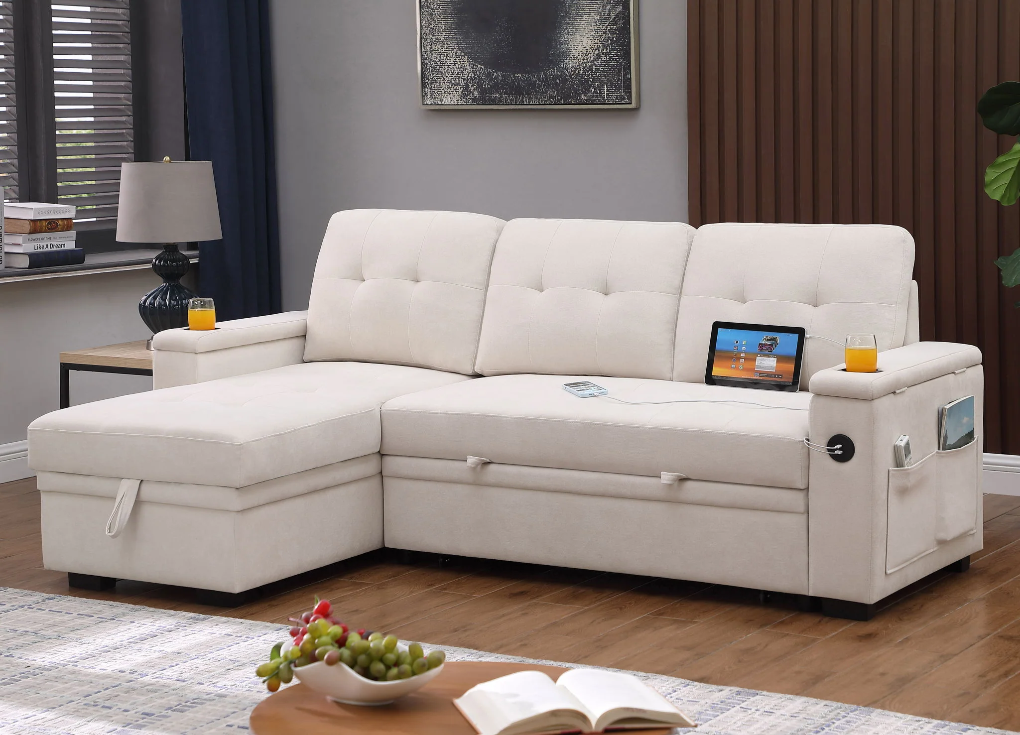 Ashlyn II - 84"W Woven Fabric Reversible Sleeper Sectional Sofa with Storage Chaise - Image 10