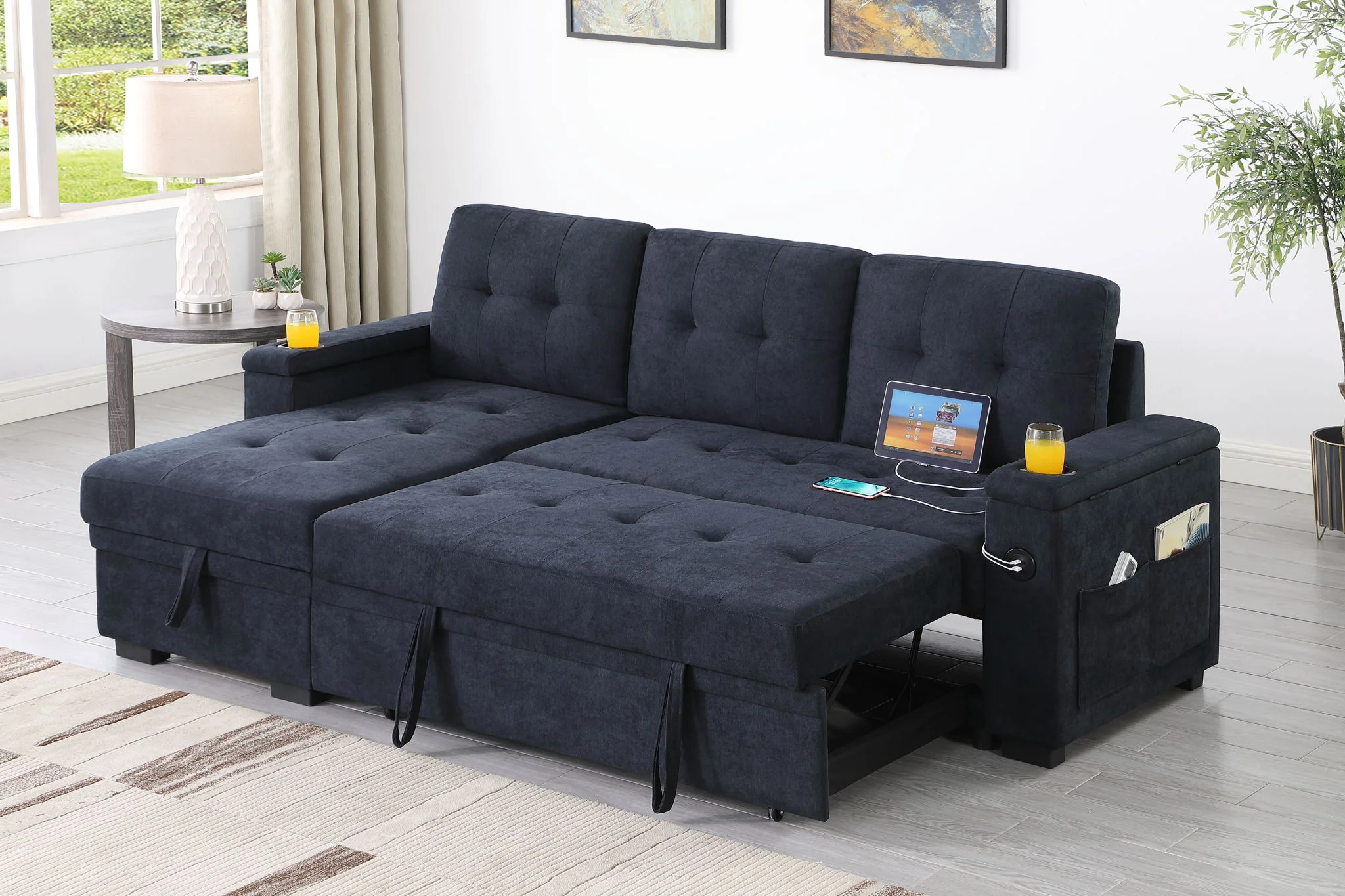 Ashlyn II - 84"W Woven Fabric Reversible Sleeper Sectional Sofa with Storage Chaise - Image 14