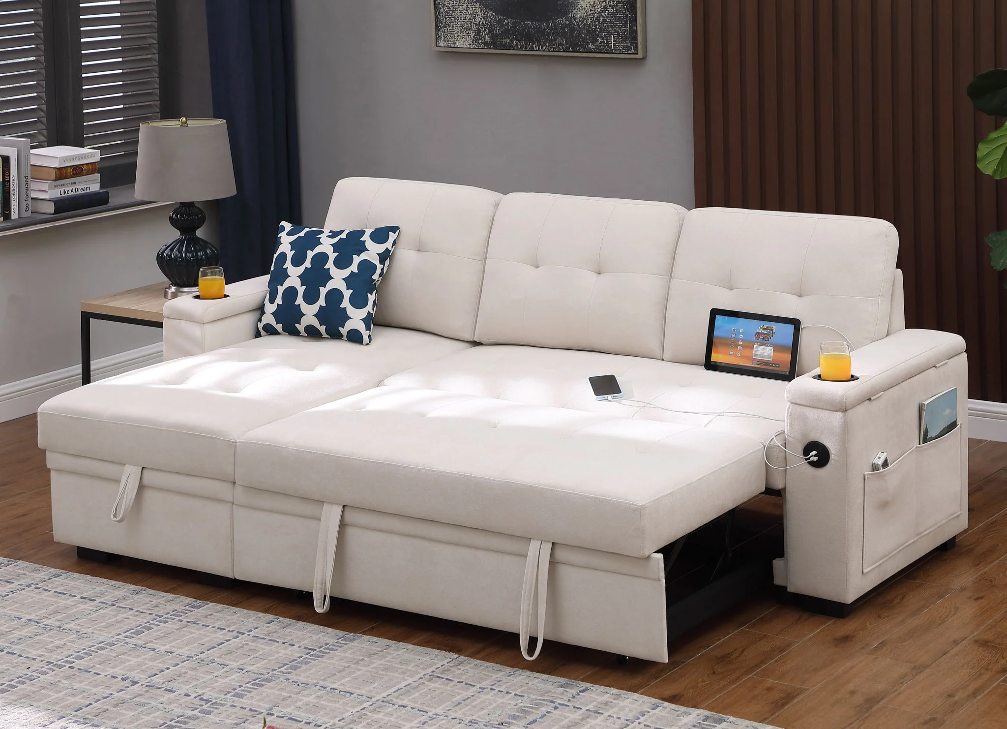 Ashlyn II - 84"W Woven Fabric Reversible Sleeper Sectional Sofa with Storage Chaise - Image 31