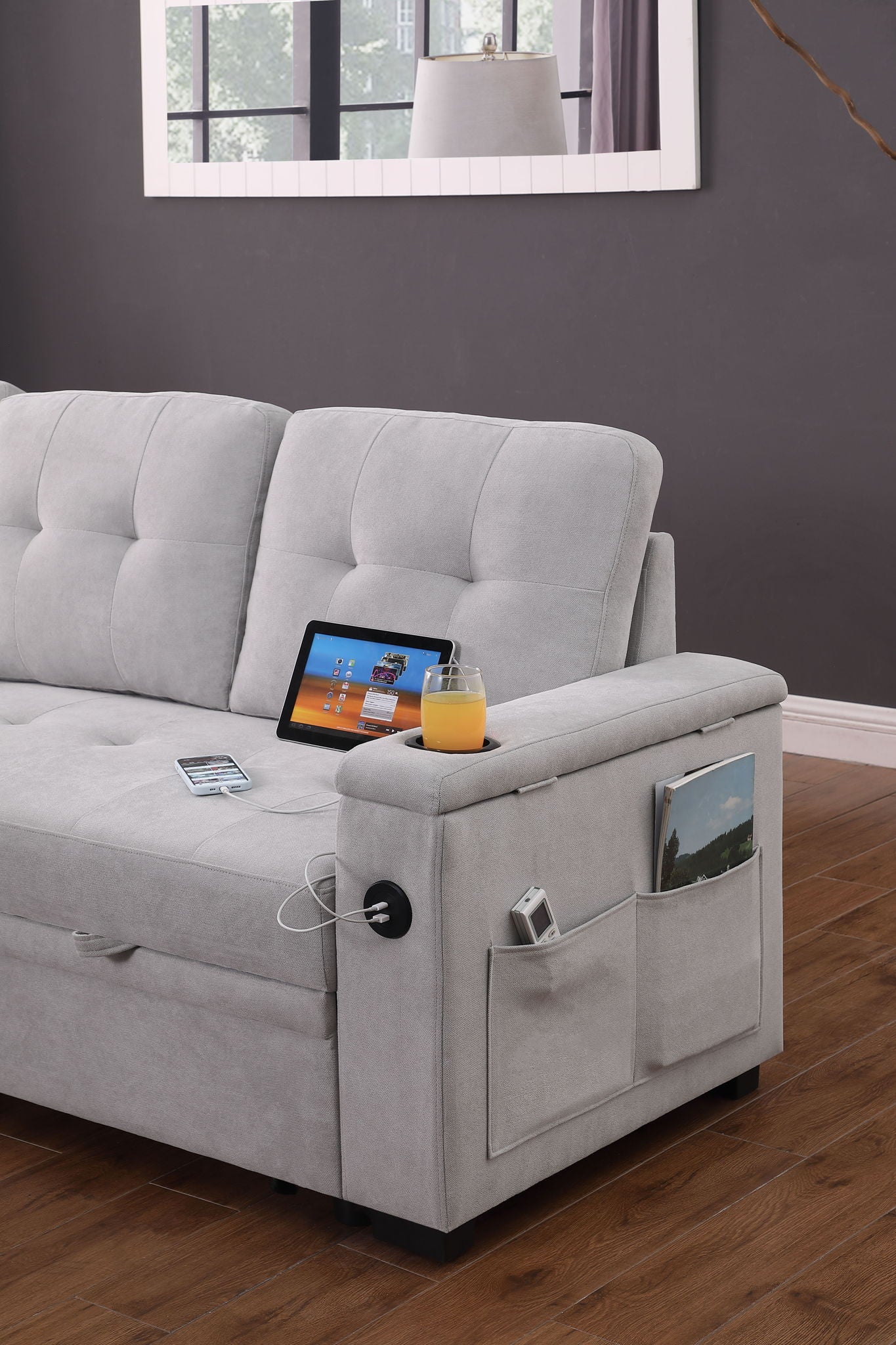 Ashlyn II - 84"W Woven Fabric Reversible Sleeper Sectional Sofa with Storage Chaise - Image 35